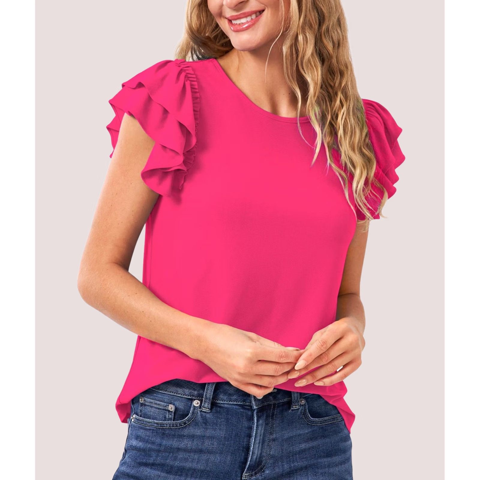 Vintage CeCe Womens Blouse, Knit, Ruffled Flutter Sleeve, Pink, XS Size XS / US 0-2 / IT 36-38 - 1 Thumbnail