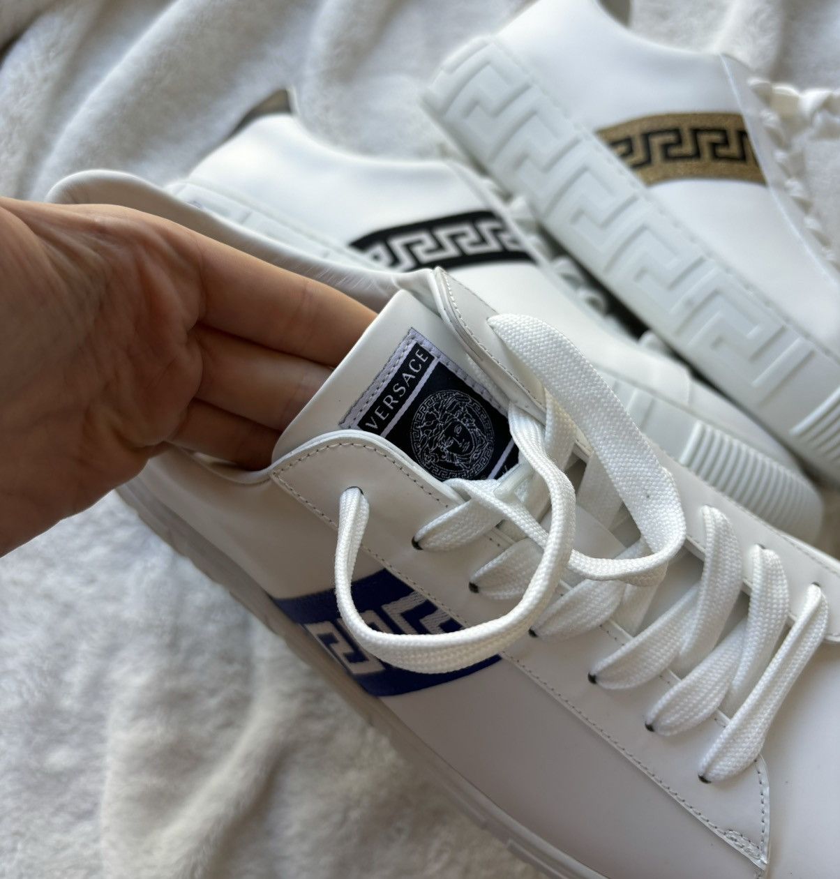 Versace White Striped La Greca Sneakers