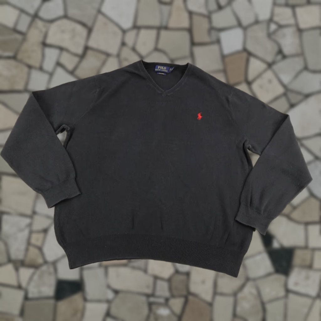 Polo Ralph Lauren VINTAGE Polo Ralph Lauren Sweater XL Black Pima Cotton V-Neck Pullover Red Pony 90s Mens Size US XL / EU 56 / 4 - 1 Thumbnail