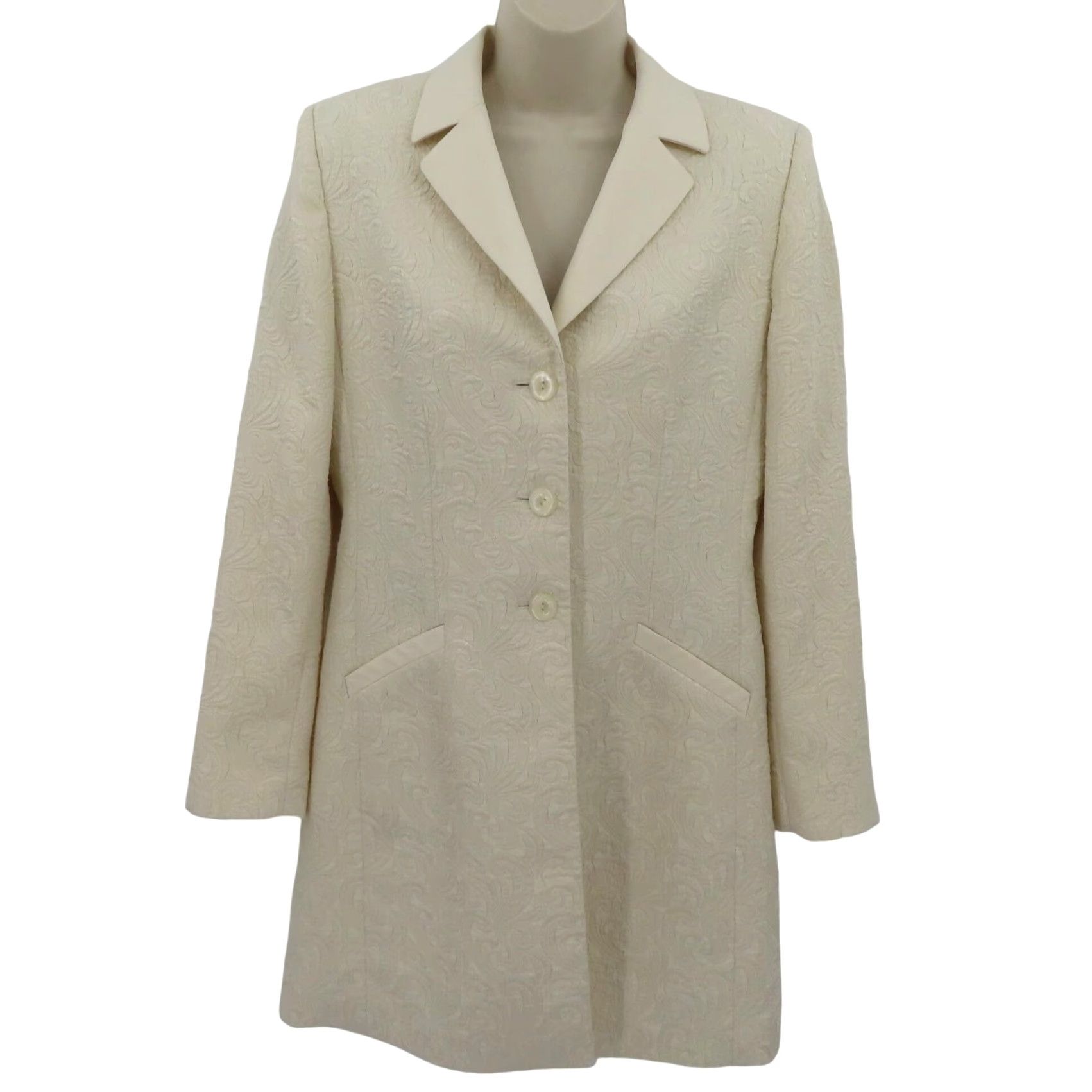Vintage Le Suit Women Jacket Ivory Cream Damask Scroll Long Collared Coat Formal Business Casual Party/Cocktail Workwear Size M / US 6-8 / IT 42-44 - 2 Thumbnail