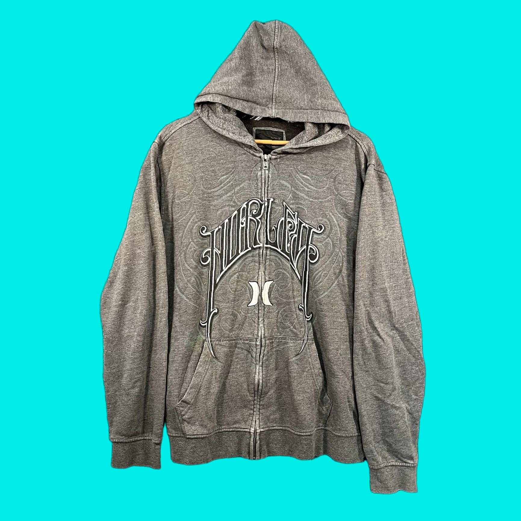 Hurley VINTAGE Hurley Hoodie Mens Large Gray Full Zip Grunge Y2K Sherpa Surf Skater Goth Embroidered Logo Zipper Size US L / EU 52-54 / 3 - 1 Thumbnail