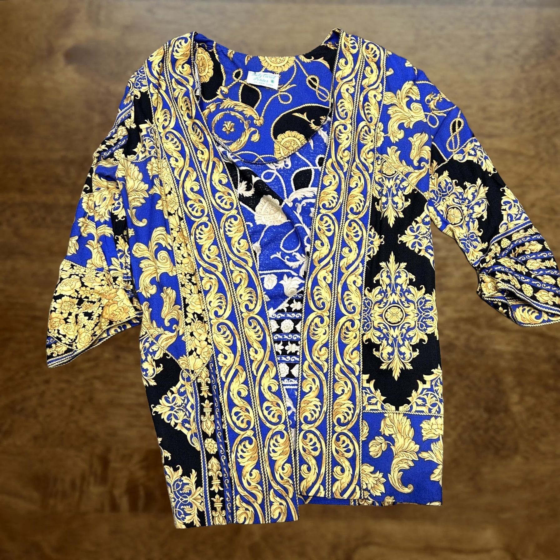 Vintage VINTAGE Lady Carol Petites Jacket Womens Petite M Blue Gold Baroque 90s Floral Kimono Open Front Unlined Short Sleeve Casual Party/Cocktail Womens Size M / US 6-8 / IT 42-44 - 1 Thumbnail