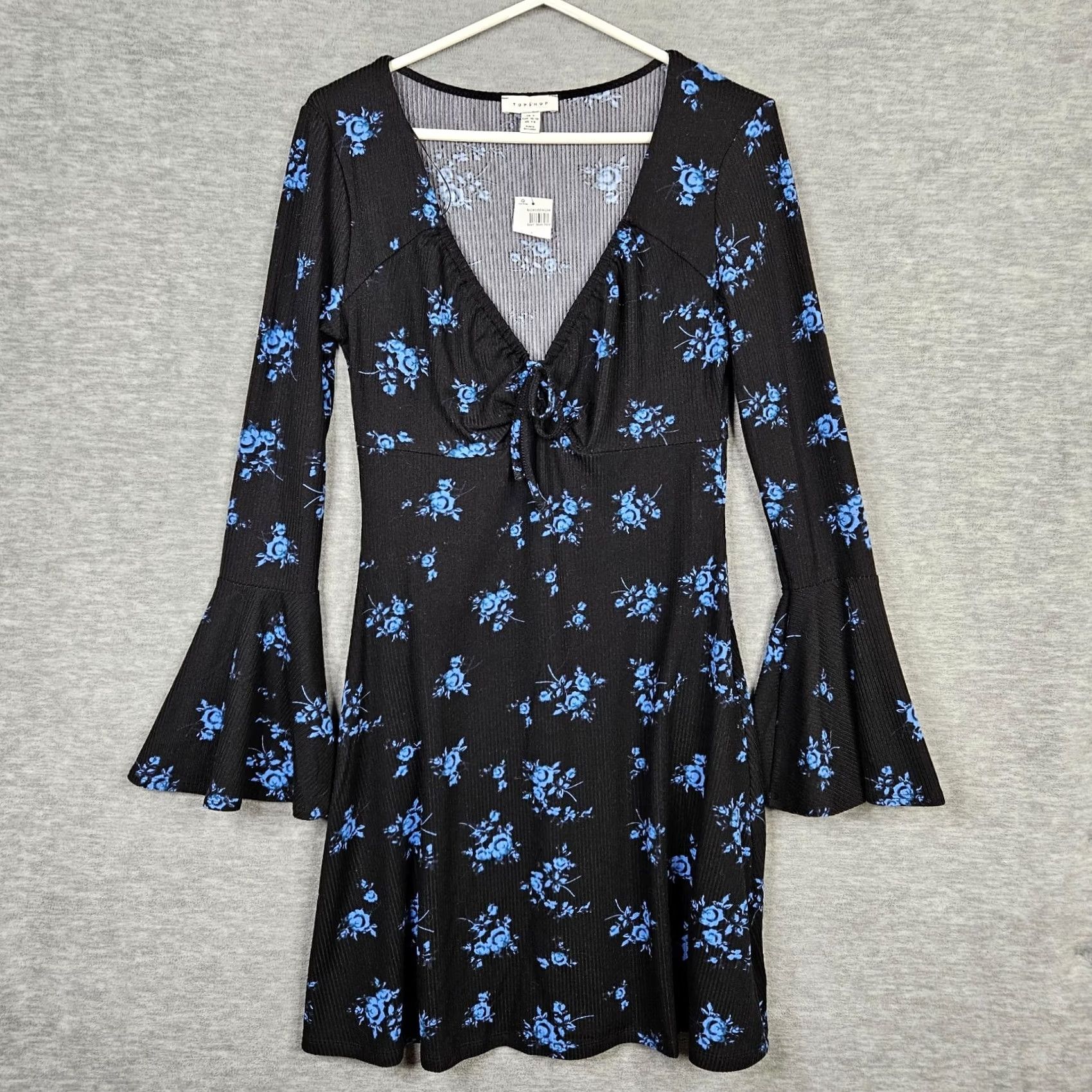 Topshop Topshop Women's Dress Blue Floral Printed V-neck Bell Sleeve A-Line Size 4-6 Short Sleeve Bodice Bell Sleeve Casual Adult Womens Size S / US 4 / IT 40 - 2 Thumbnail