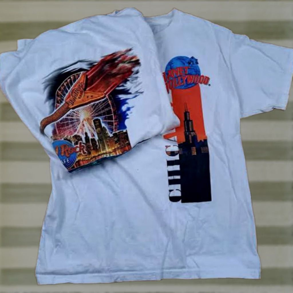 Hard Rock Cafe VINTAGE Hard Rock Chicago Planet Hollywood Printed White Large T-Shirt Mens L White USA Made 90s Chicago Theme Short Sleeve Tee Size US L / EU 52-54 / 3 - 1 Thumbnail