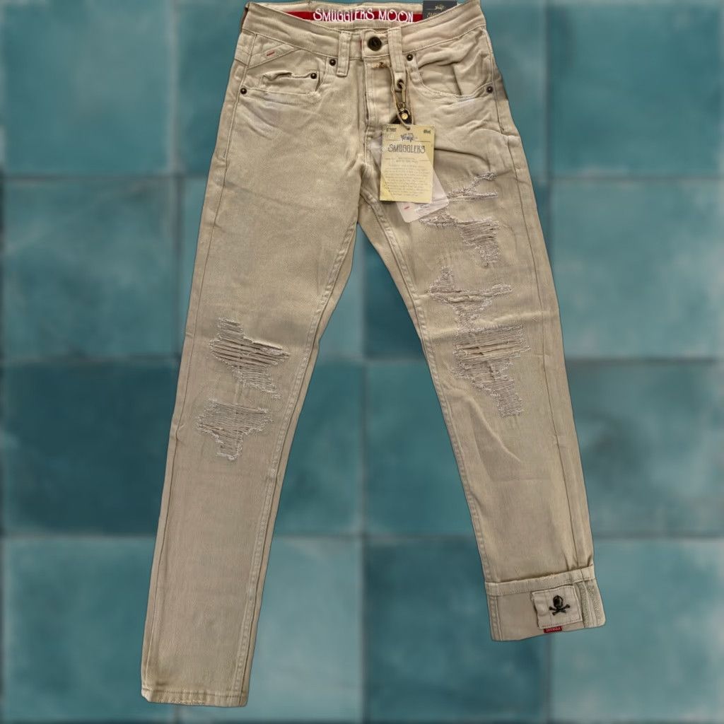 Denime Smugglers Moon Jeans Mens 28x31 Khaki Beige Denim Button Fly Roll Up Distressed Slim Jeans Men Size US 28 / EU 44 - 1 Thumbnail