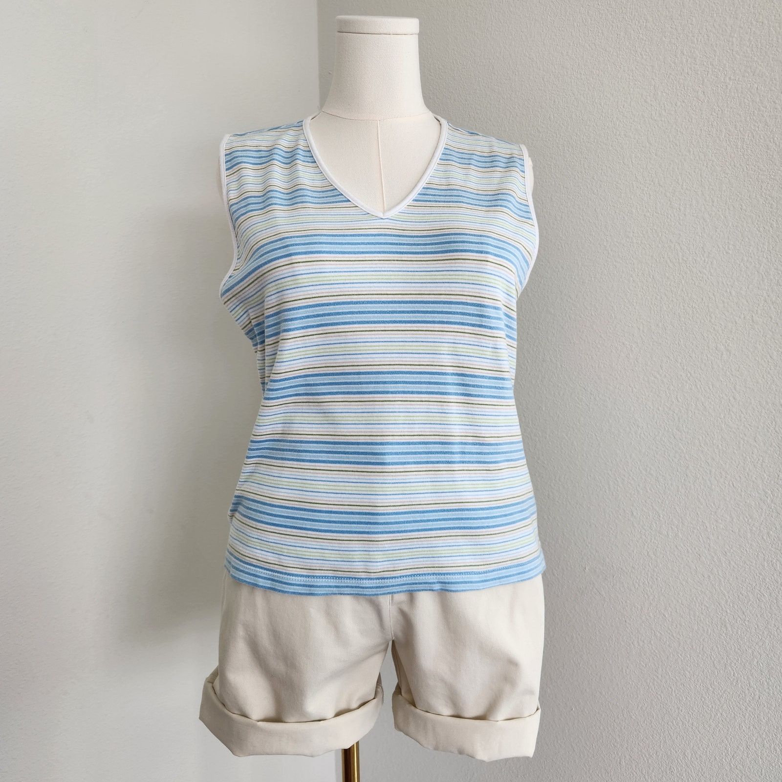 Vintage Y2K White Blue Green Stripe Knit Cotton Tank Top M Size M / US 6-8 / IT 42-44 - 9 Thumbnail