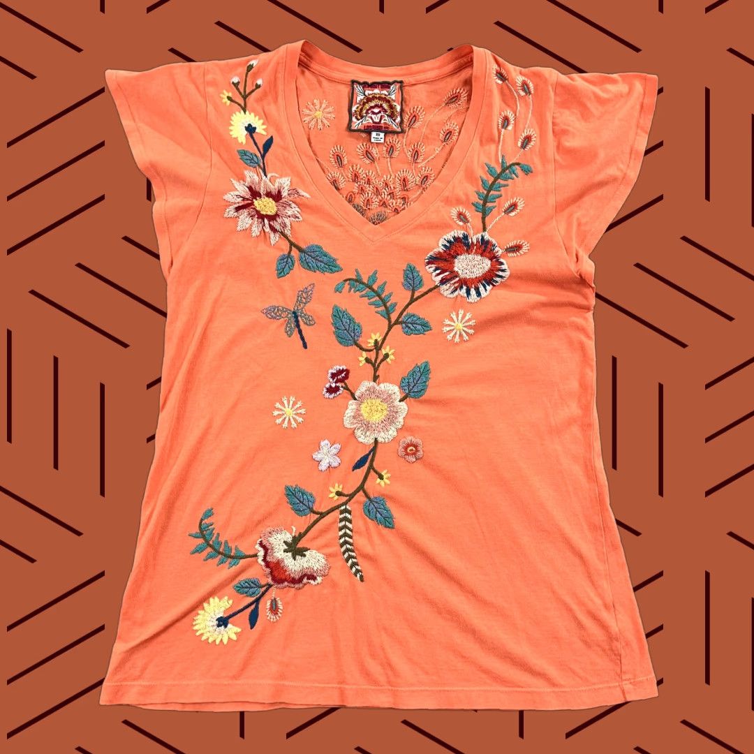 Johnny Was Johnny Was Womens XS Orange Grace Floral Embroidered Blouse V-Neck Flutter Top Size XS / US 0-2 / IT 36-38 - 1 Thumbnail