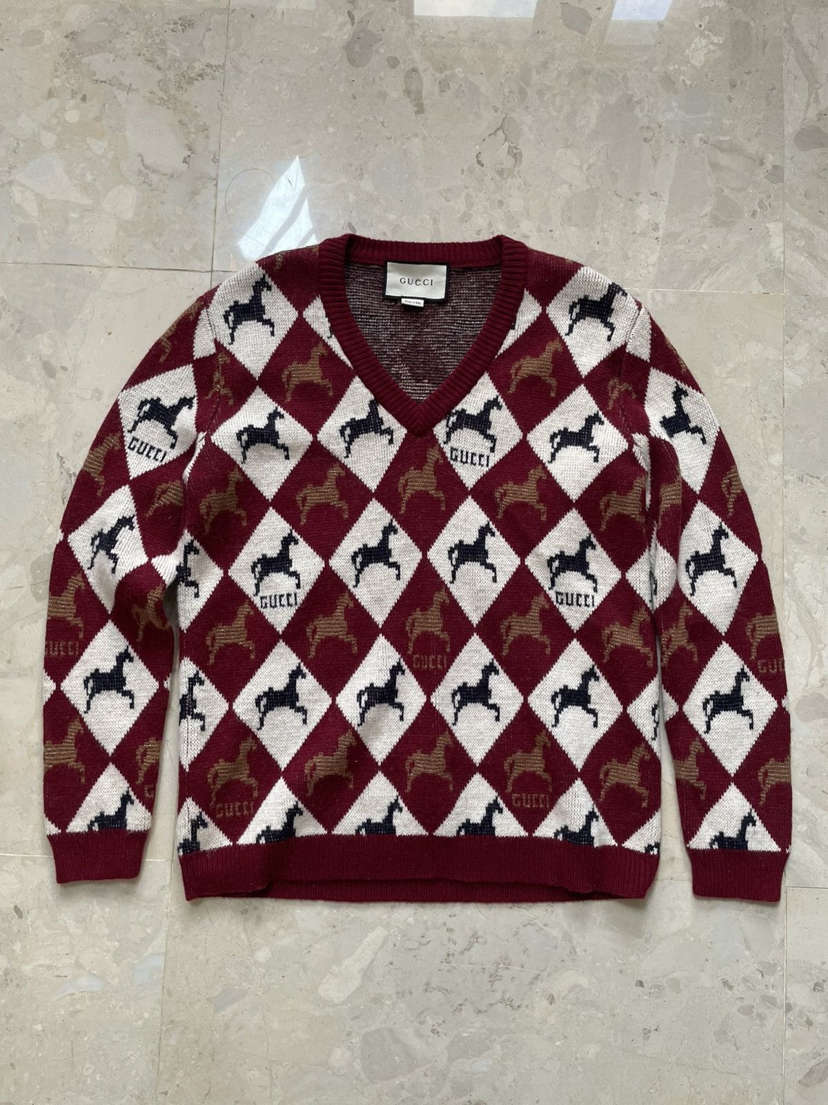 Gucci Gucci Horse Tile Wool V-Neck Logo Sweater Size US S / EU 44-46 / 1 - 1 Thumbnail