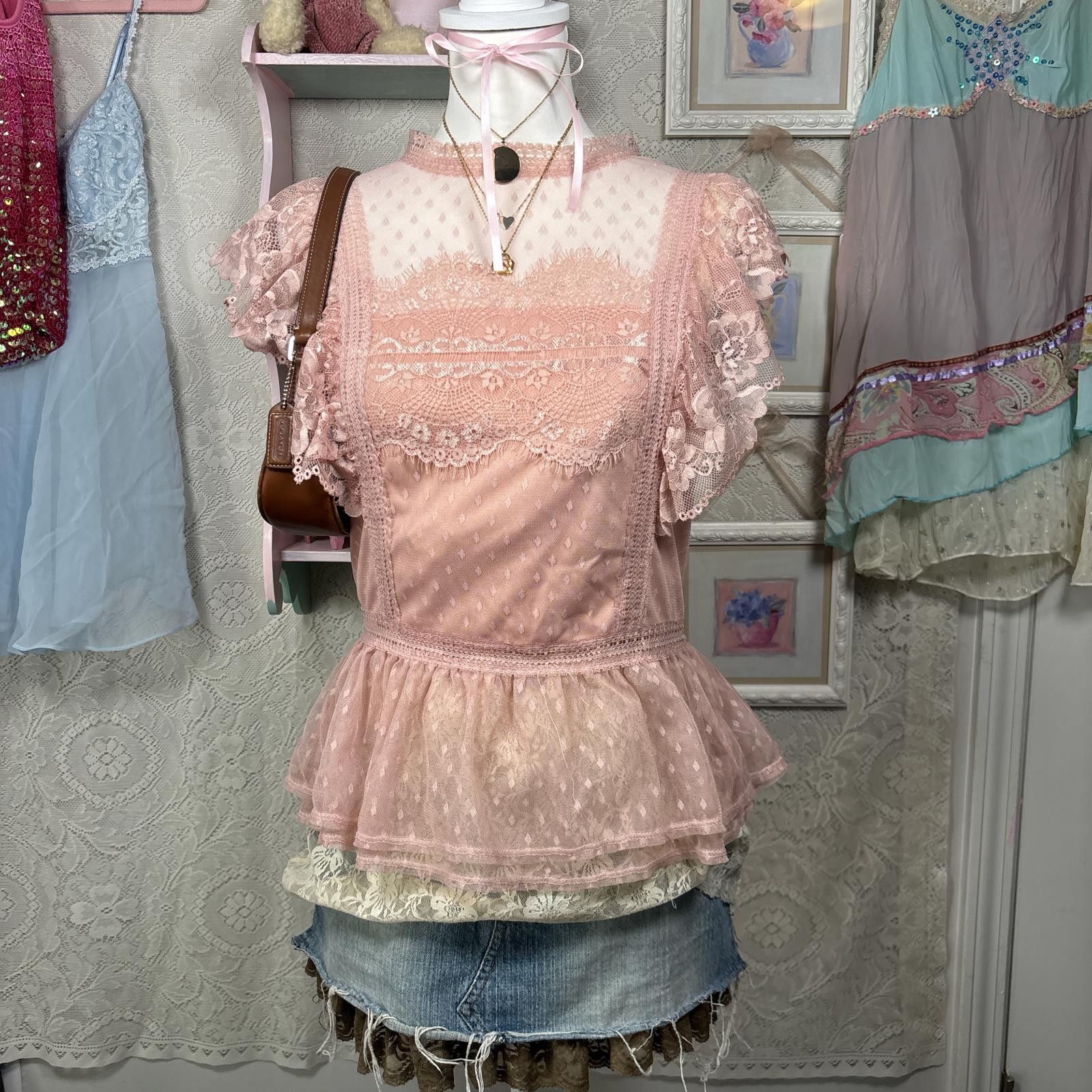 Other vintage lace pink coquette ruffle blouse Size L / US 10 / IT 46 - 1 Thumbnail