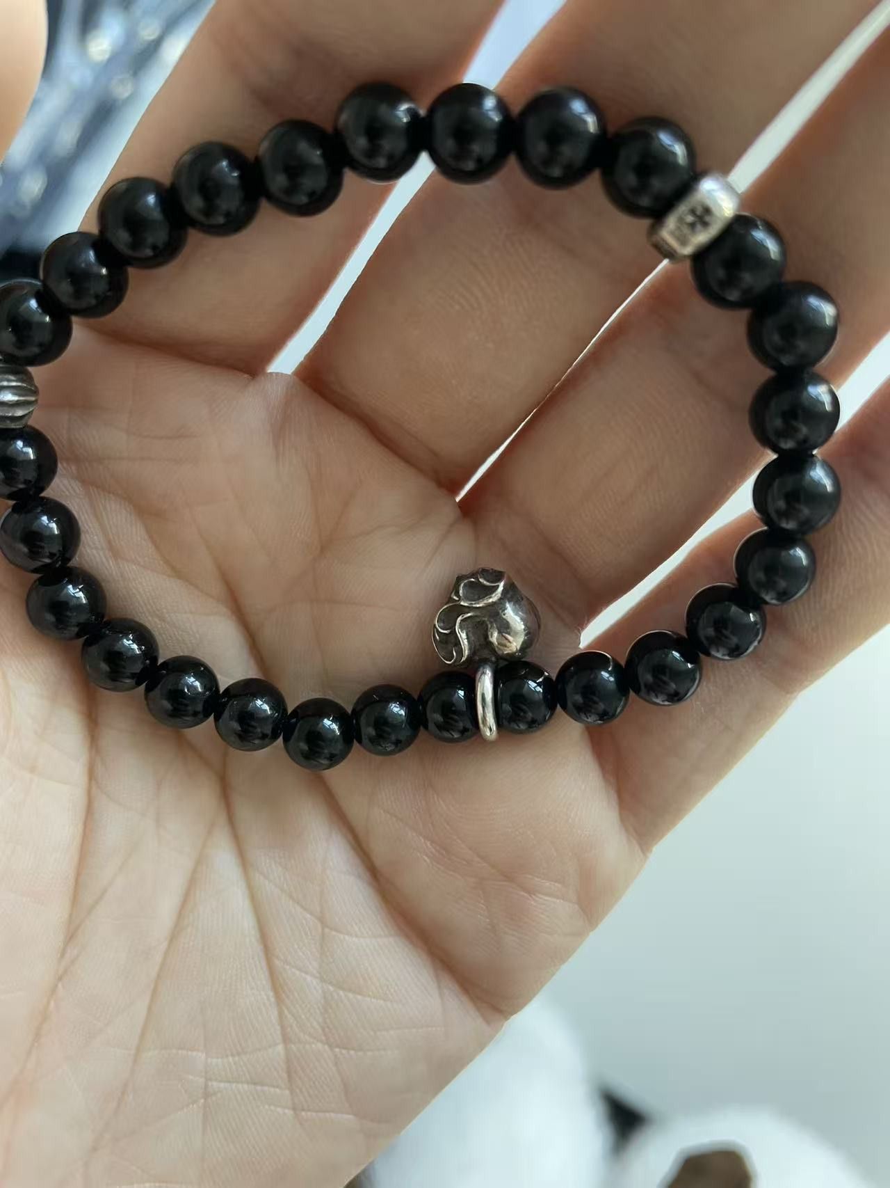 Chrome Hearts Chrome Hearts 6mm Obsidian Silver Vine Heart Beaded Bracelet Size ONE SIZE - 5 Thumbnail