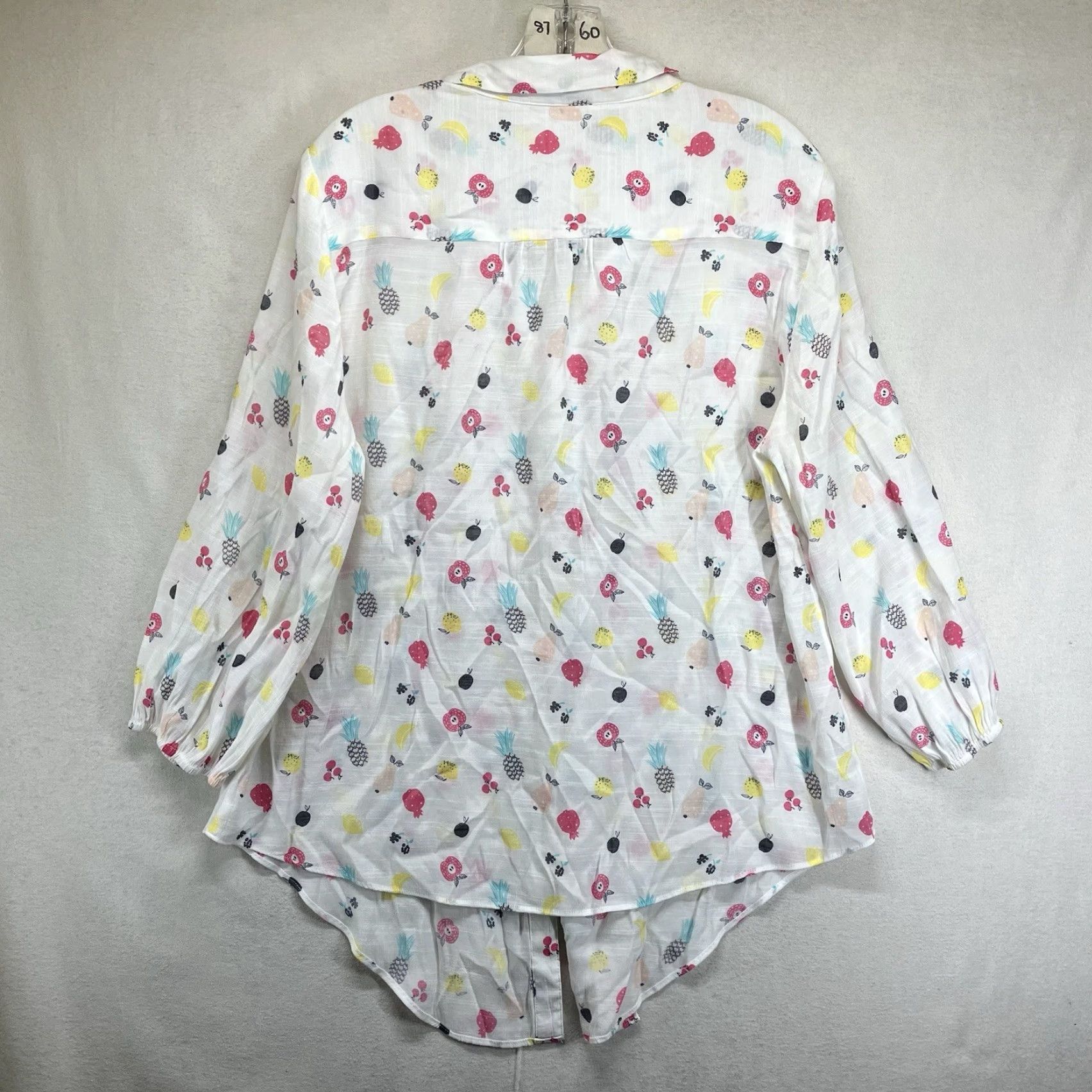 Vintage Hope & Harlow Women's Shirt Tunic L White Floral Fruit Pattern Button-Up Sheer Lightweight Summer Spring Casual Womens Size L / US 10 / IT 46 - 2 Thumbnail