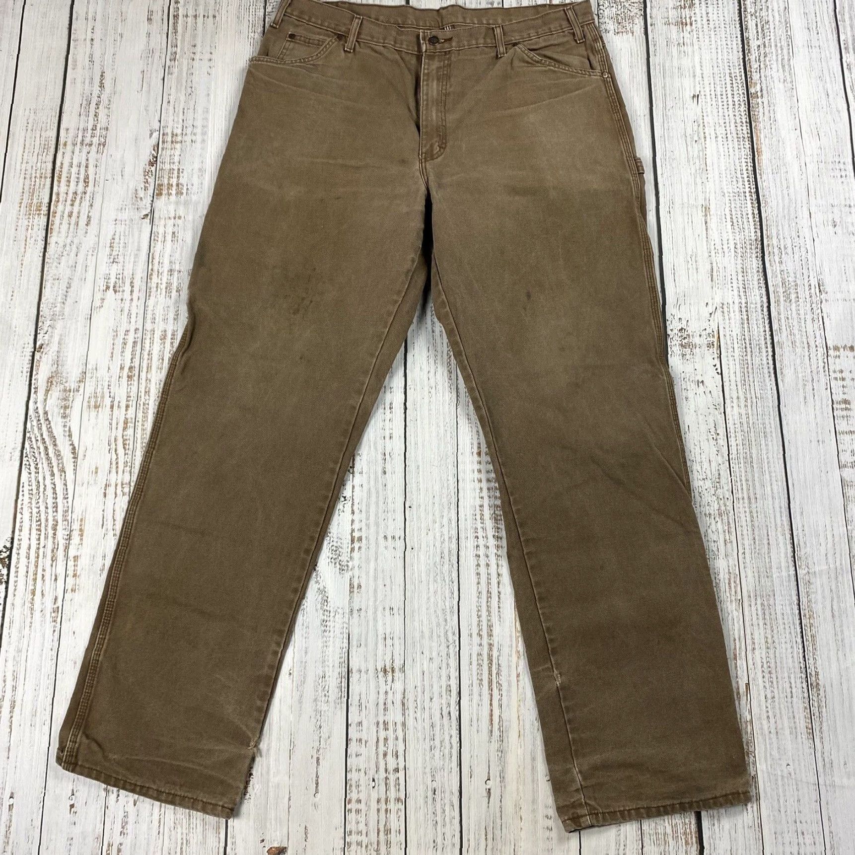 Dickies DICKIES Mens Relaxed Straight Leg Duck Carpenter Pants Distressed Brown 38x34 Size US 38 / EU 54 - 5 Thumbnail