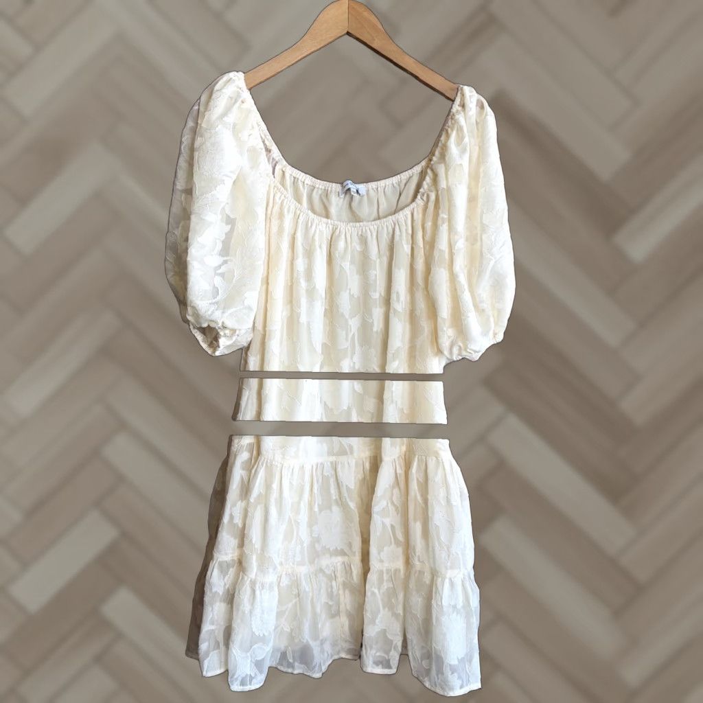 Vintage Jacquie The Label Boho Dress Women L Beige Floral Milkmaid Tiered Puff Sleeve Short Sleeve Square Neck Size L / US 10 / IT 46 - 1 Thumbnail