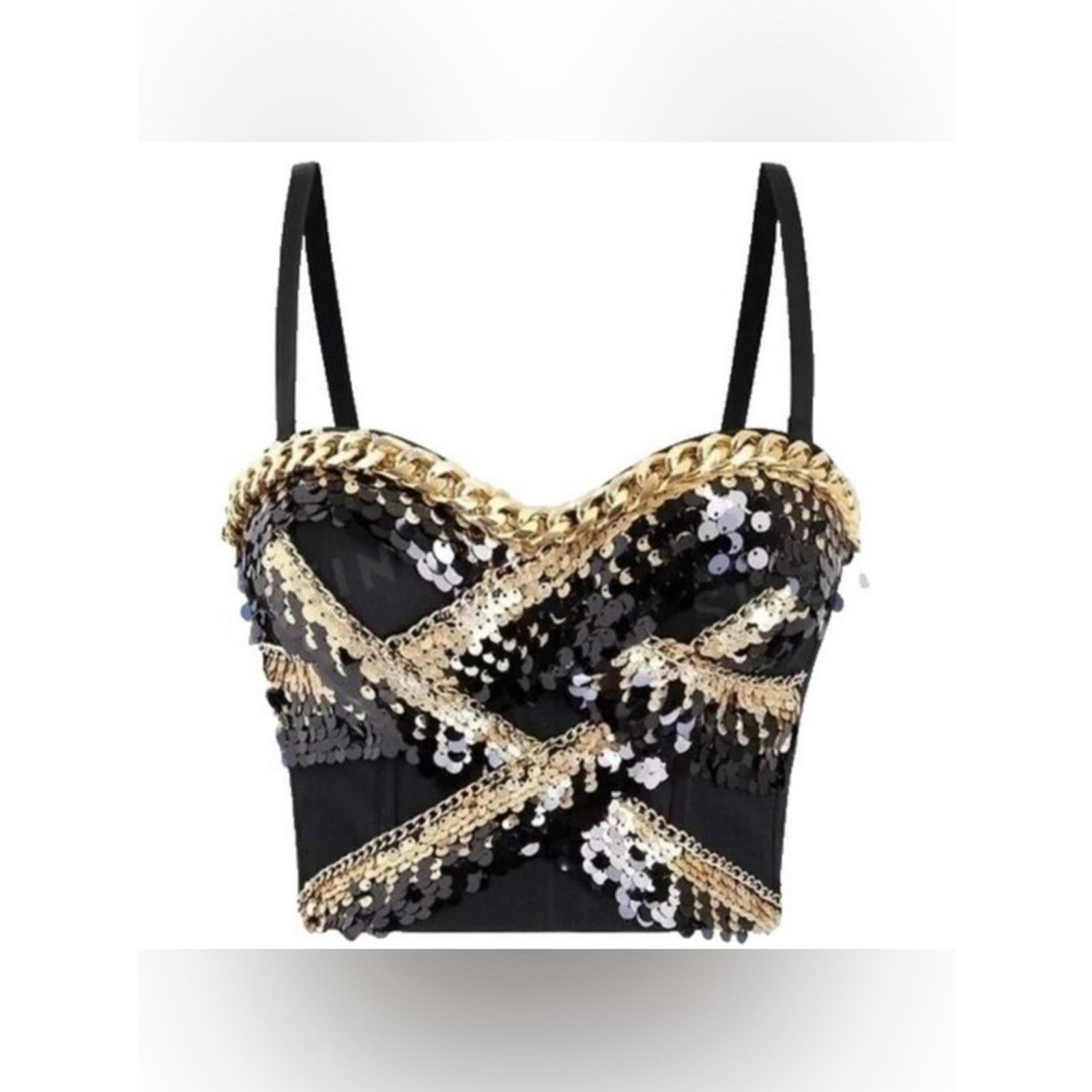 Other New Y2K Glam Black and Gold Sequin Bustier Crop Top size S Size S / US 4 / IT 40 - 1 Thumbnail