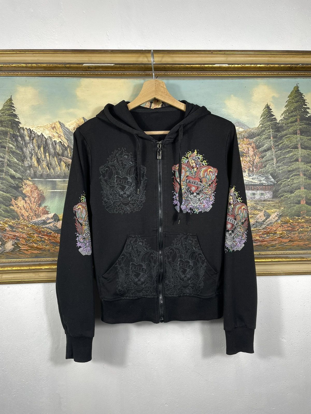 Christian Audigier × Ed Hardy × Vintage Retro 00s Hoodie With Crystals Affliction Grunge Archive Size S / US 4 / IT 40 - 1 Thumbnail