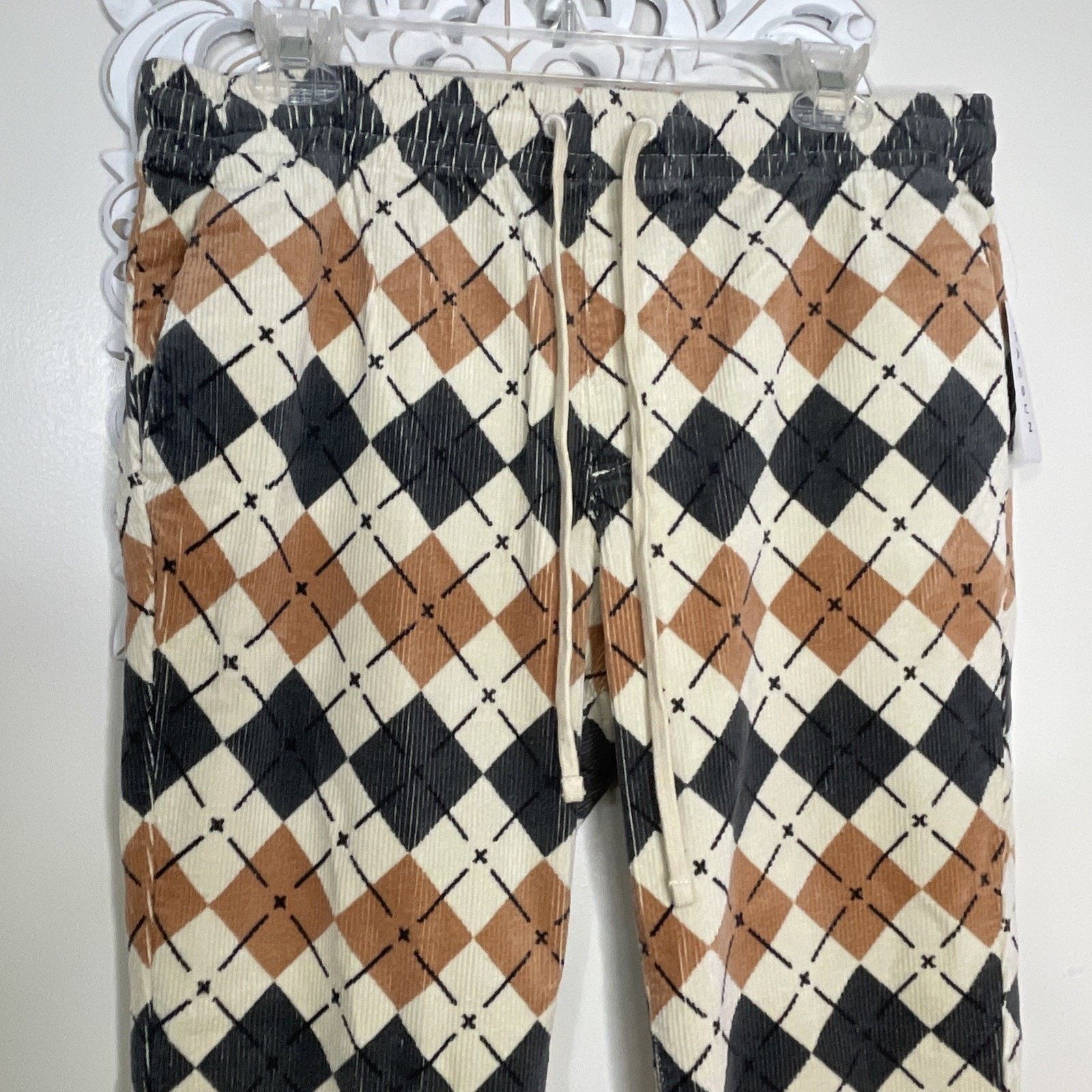 Pacsun PACSUN M Slim Argyle Corduroy PANTS Elastic Waist TAN GRAY Size 33" - 9 Thumbnail