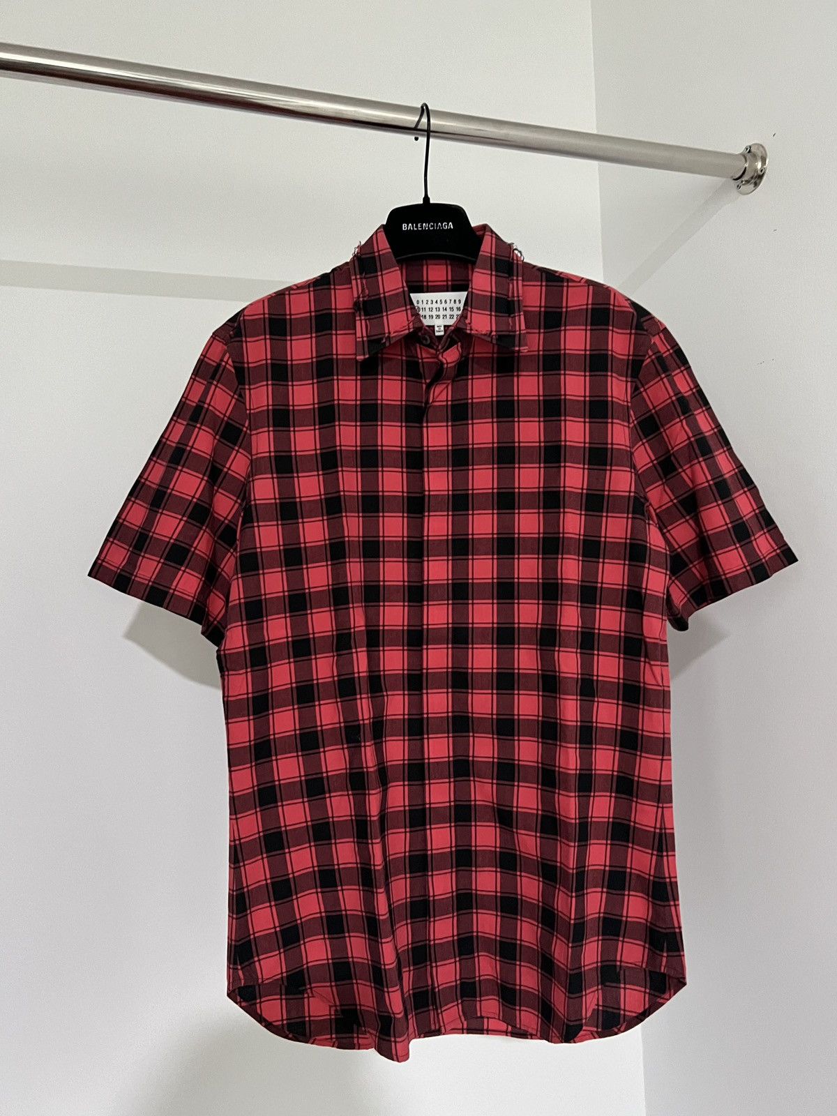 image of S/s 2018 Maison Margiela Distress Collar Plaid Shirt in Black/Red, Men's (Size Small)