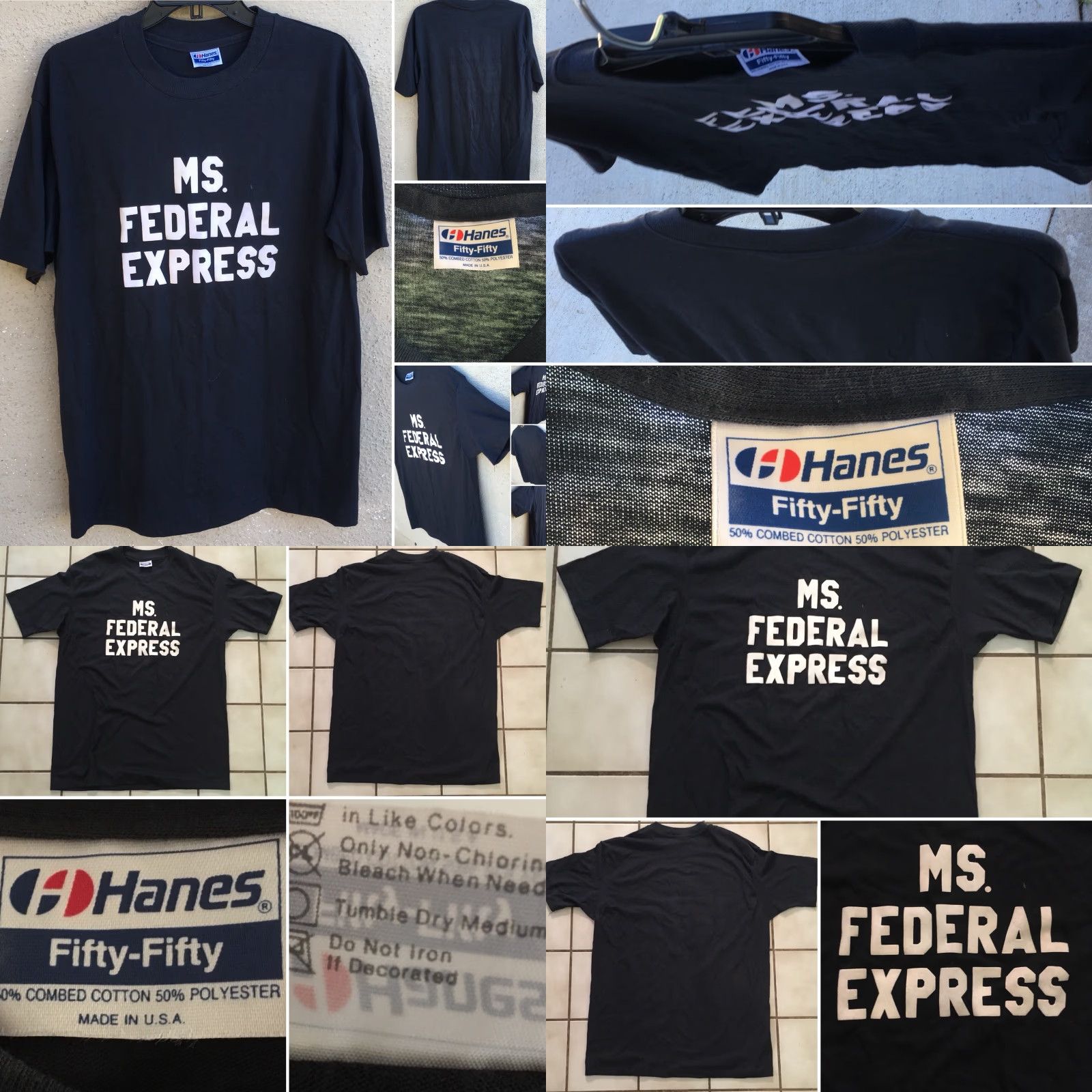 Hanes VINTAGE Hanes T-Shirt USA XL/XXL 50/50 Fed Ex MS. FEDERAL EXPRESS Short Sleeve Men's 1980s Black/Navy Logo Shirt Size US XL / EU 56 / 4 - 8 Thumbnail