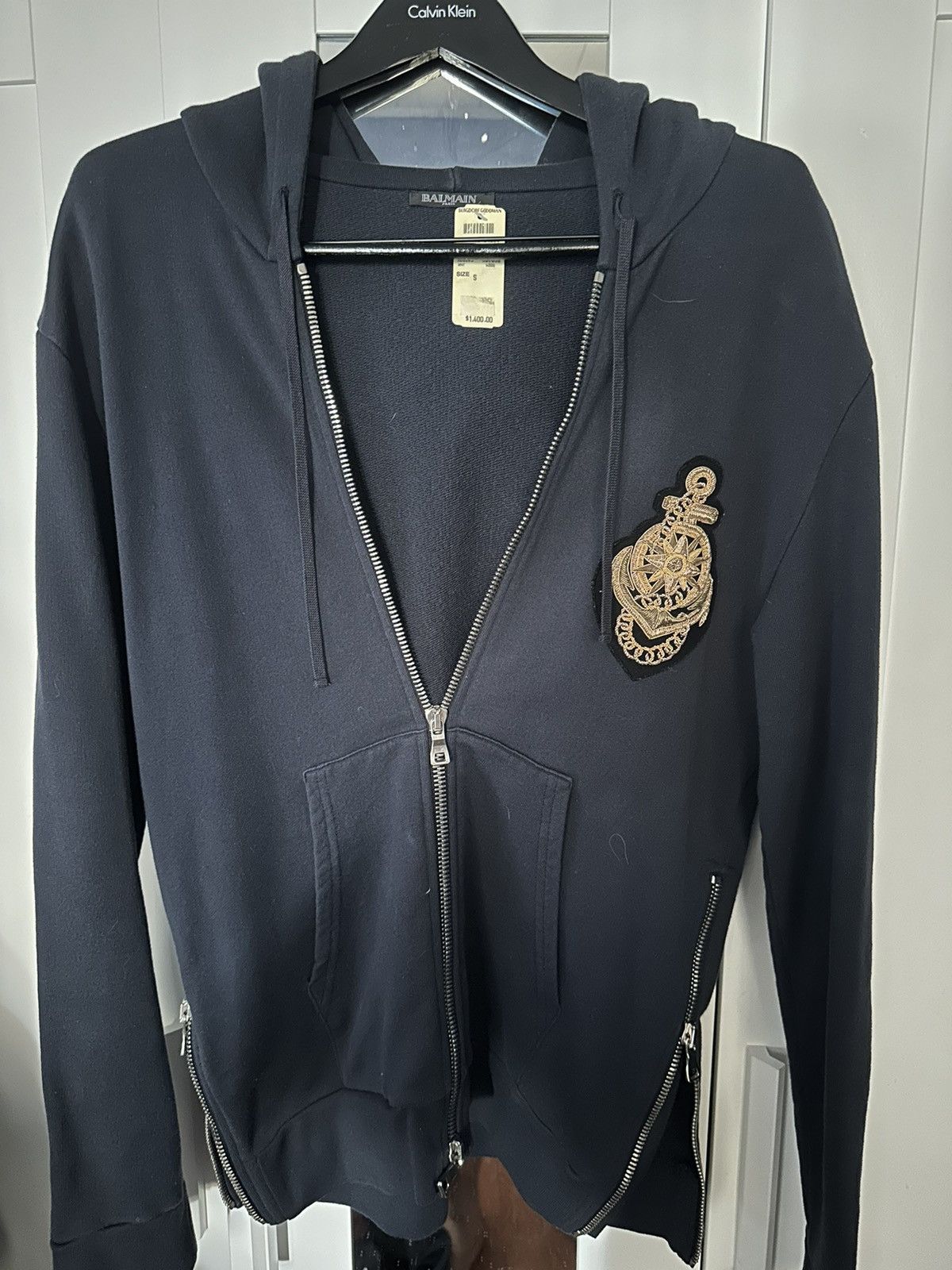 image of Balmain Crest Logo Double Side Zip Hoodie S in Nav, Men's (Size Small)