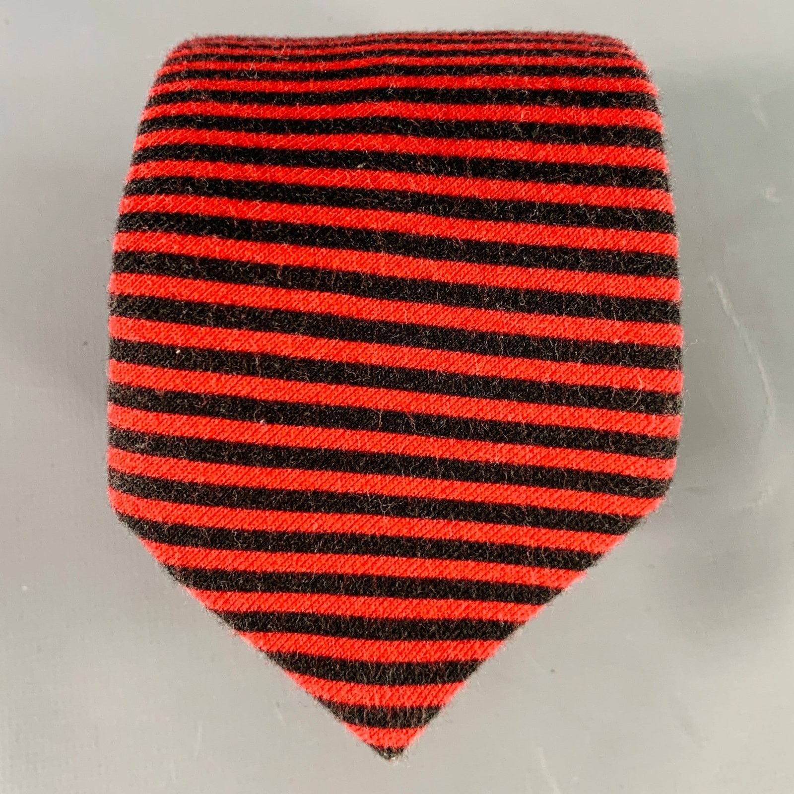 Adam Kimmel ADAM KIMMEL Red Black Stripe Cotton Skinny Tie Size ONE SIZE - 1 Thumbnail