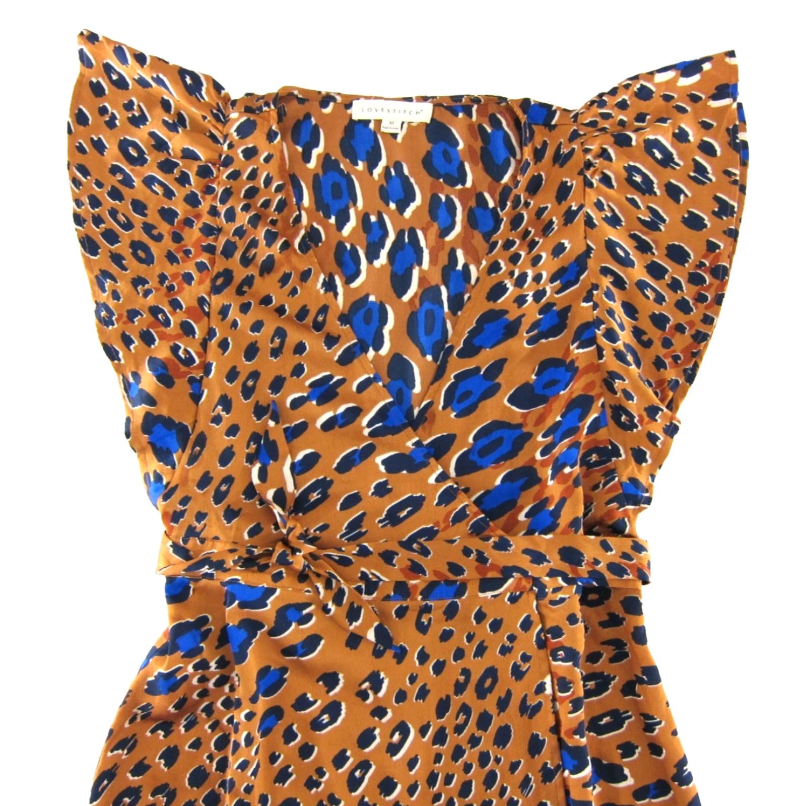 Vintage Love Stitch Cap Sleeve Dress Brown Blue Cheetah Print Wrap Long High Low Medium Women Size M / US 6-8 / IT 42-44 - 4 Thumbnail