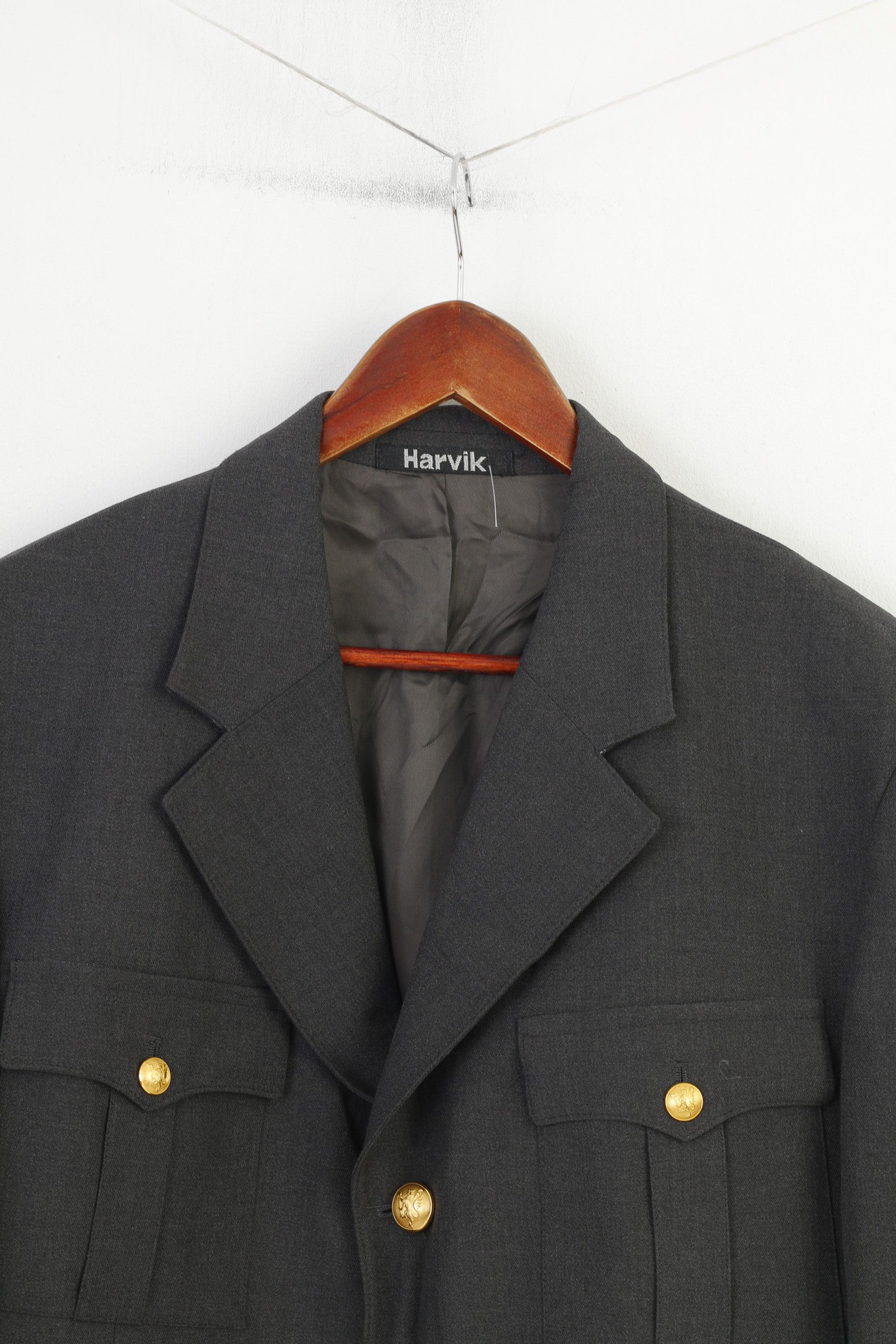 Vintage Harvik Men 42 Blazer Grey Gold Buttons Multi Pockets 11080 Size 42R - 3 Thumbnail
