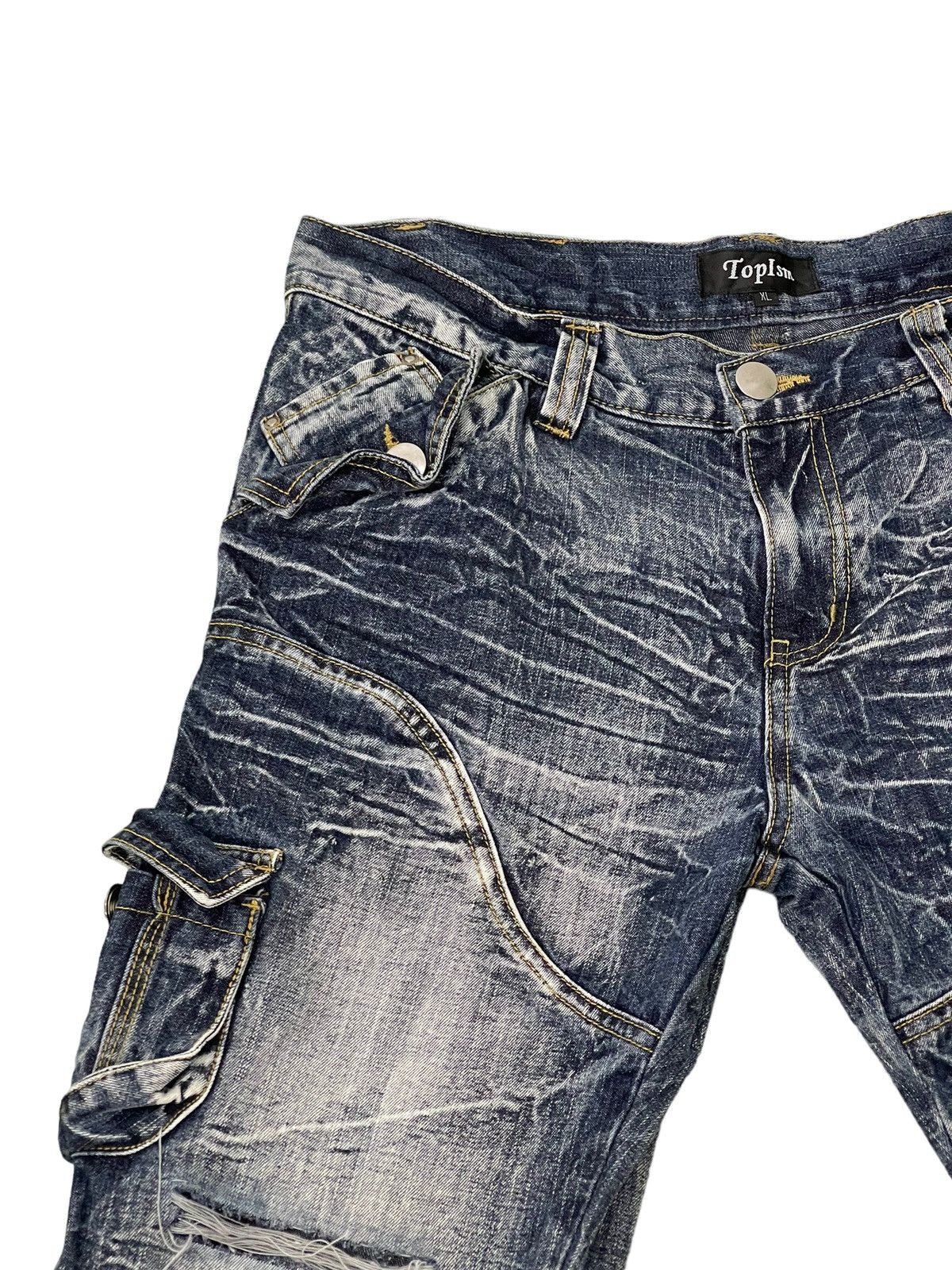 Japanese Brand Flare Jeans Cargo Topism Distress Acid Wash Boot Cut 7🟦4 Size US 33 - 8 Thumbnail