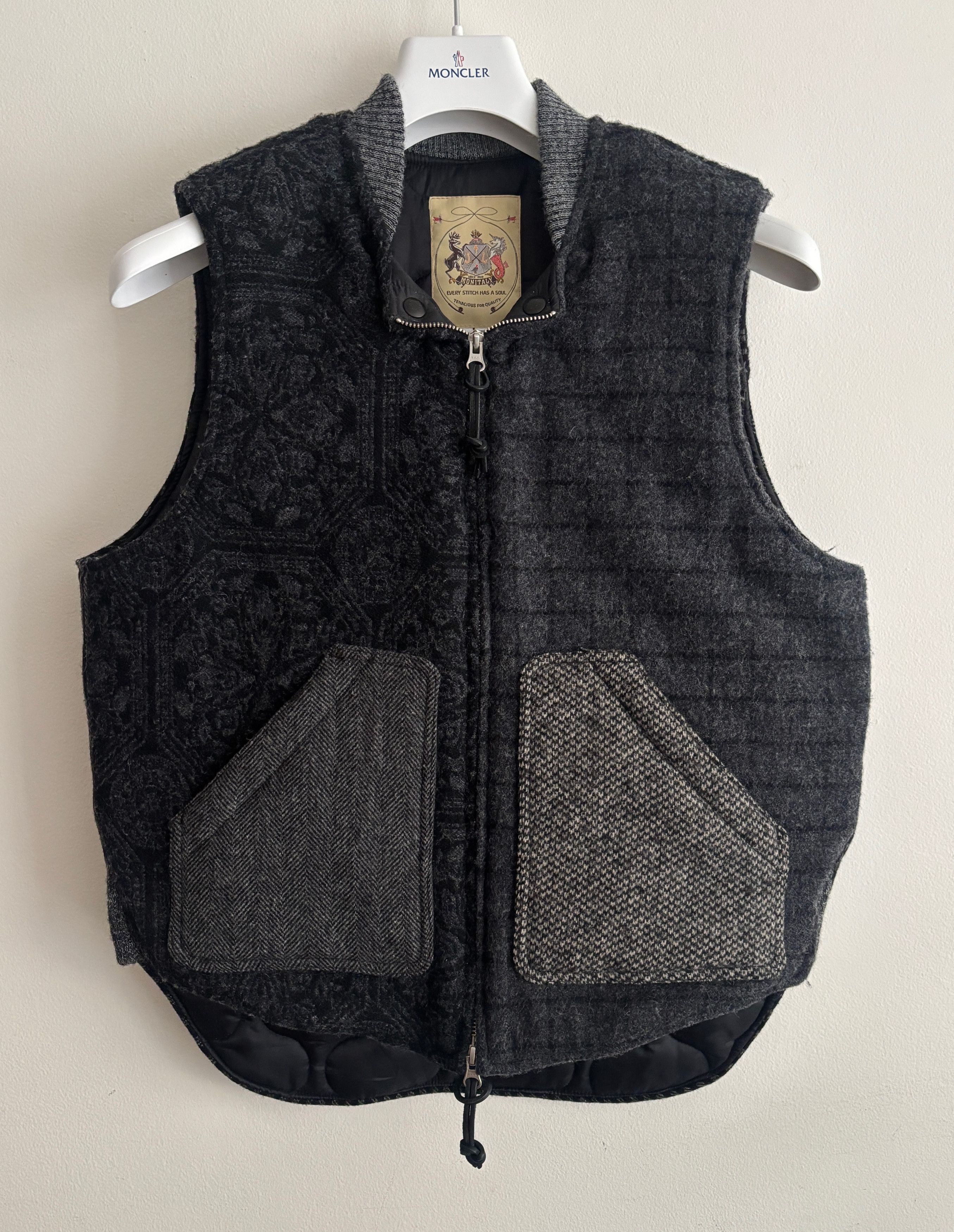 Monitaly $435 Black Grey Patchwork Wool Nylon Quilted Vest - 42 / L Size US L / EU 52-54 / 3 - 1 Thumbnail