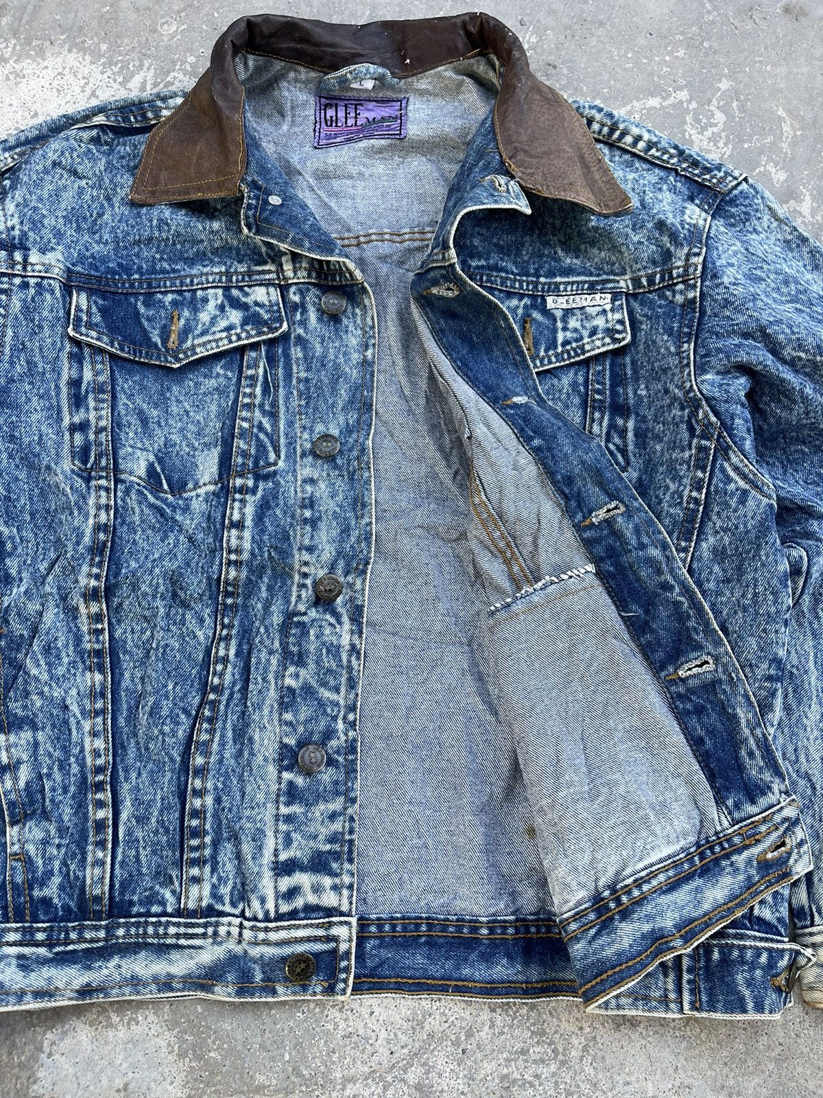 Japanese Brand 🔥Vintage Glee Man Leather Collared Denim Trucker Jacket Size US L / EU 52-54 / 3 - 7 Thumbnail