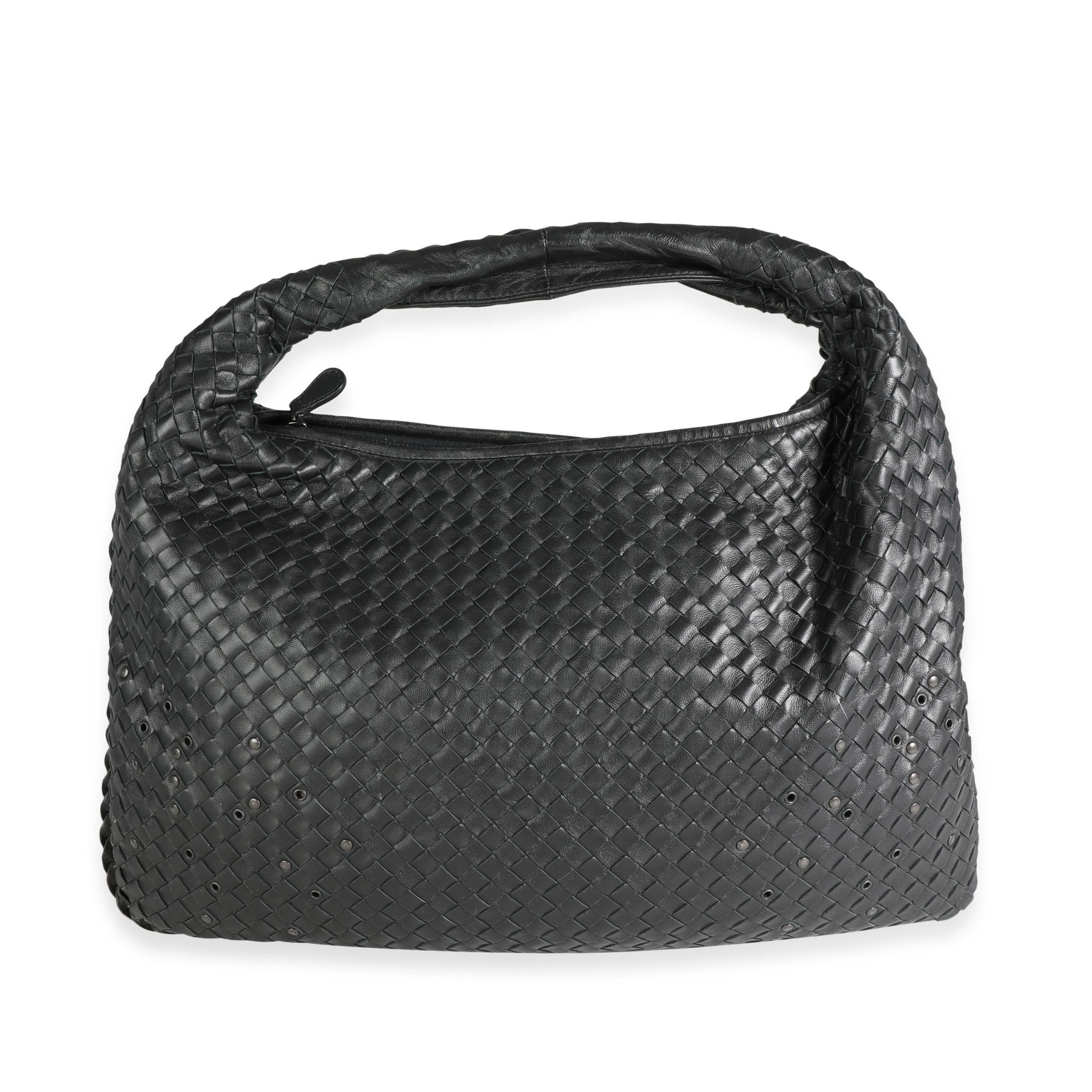 image of Bottega Veneta Black Intrecciato Nappa Leather Large Grommeted Veneta Hobo, Women's