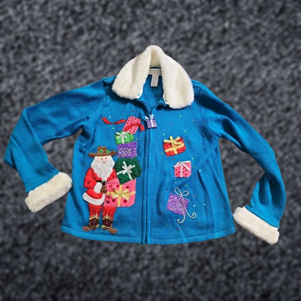 Vintage VINTAGE Tiara International Womens Christmas Cardigan Sweater L Blue Embroidered Christmas Tree Gifts Full Zip V-Neck Knit Holiday Size L / US 10 / IT 46 - 1 Thumbnail