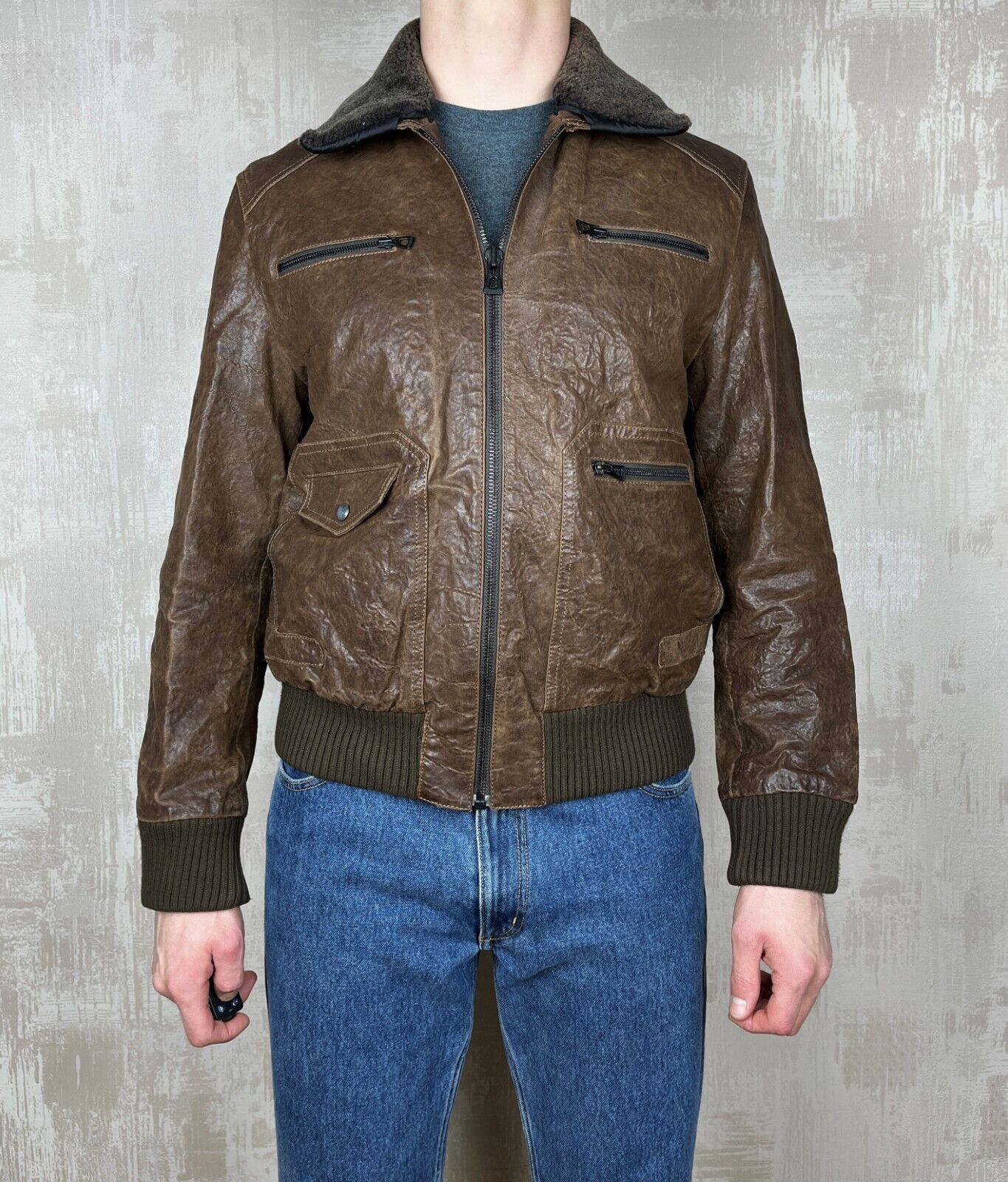 Hugo Boss Orange Aviator Leather Bomber Jacket Distressed