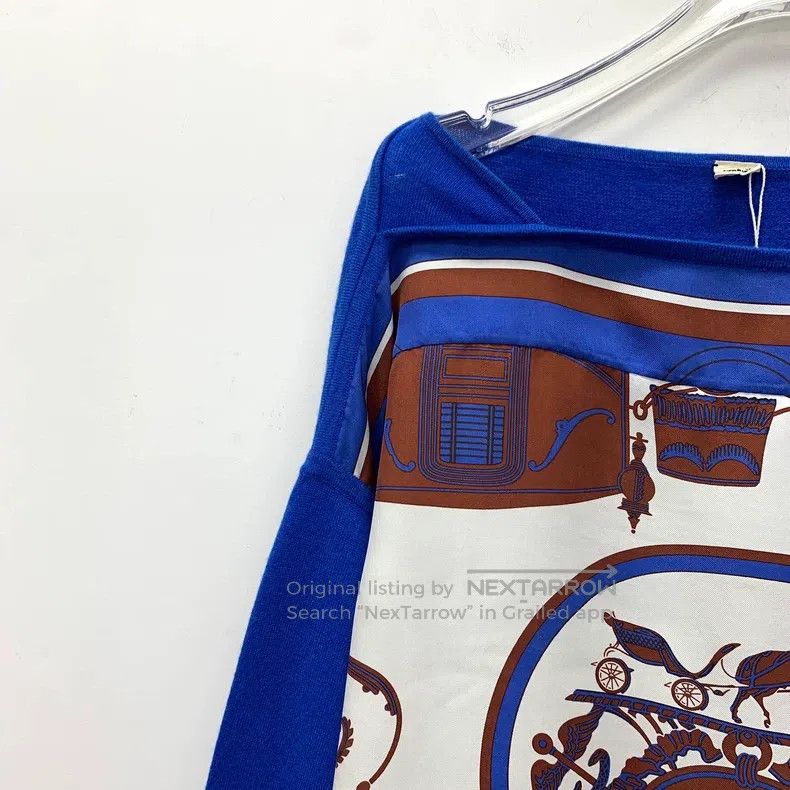 Hermes Hermes Navy Blue Silk Printed Patchwork Cashmere Long Slee Size XS / US 0-2 / IT 36-38 - 3 Thumbnail