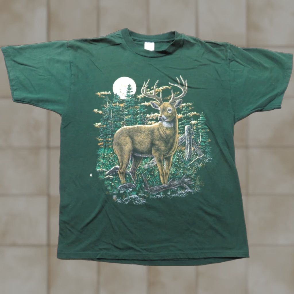 Fruit Of The Loom VTG Big Buck Deer Whitetail Green USA T-Shirt Adult XL Fruit of the Loom 90s Mens Short Sleeve Crew Neck Cotton Blend Graphic Print Vintage USA 1980s Size US XL / EU 56 / 4 - 1 Thumbnail