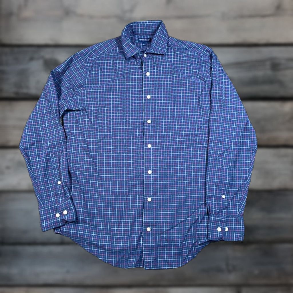 Peter Millar Peter Millar Shirt Long Sleeve Adult Large Blue Nylon Spandex Cutaway Collar Check Pattern Button-Up Casual Mens Nylons Lightweight, Stretch Size US L / EU 52-54 / 3 - 1 Thumbnail