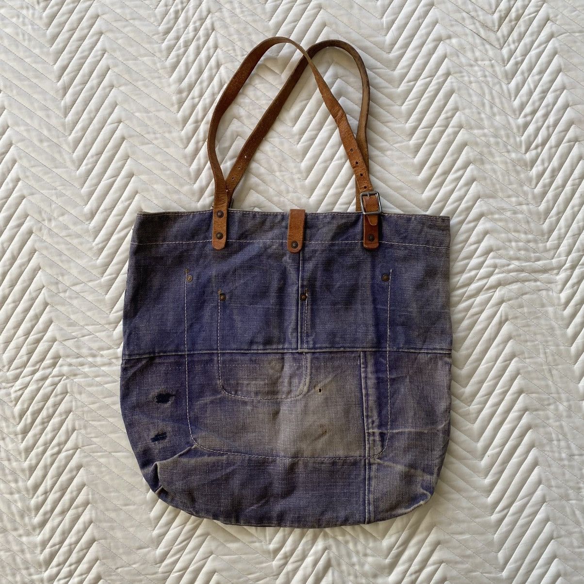 Japanese Brand Custom Made Denim Tote Bag– Vintage Patina Look Size ONE SIZE - 3 Thumbnail