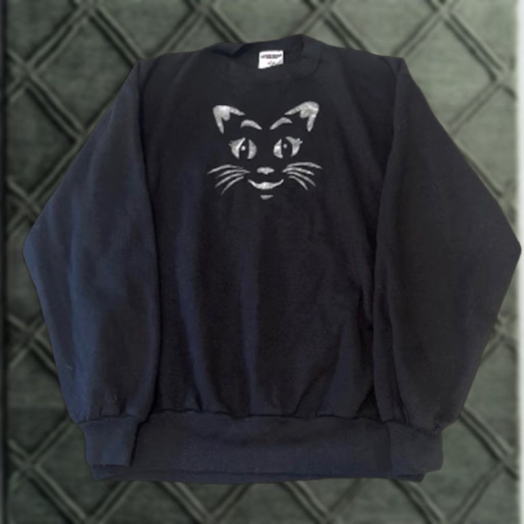 Jerzees VINTAGE Kitty Cat Art Black Grey Crewneck Sweatshirt XL Unisex Adults Jerzees Pullover Sweatshirt Art 90s? Size US XL / EU 56 / 4 - 1 Thumbnail