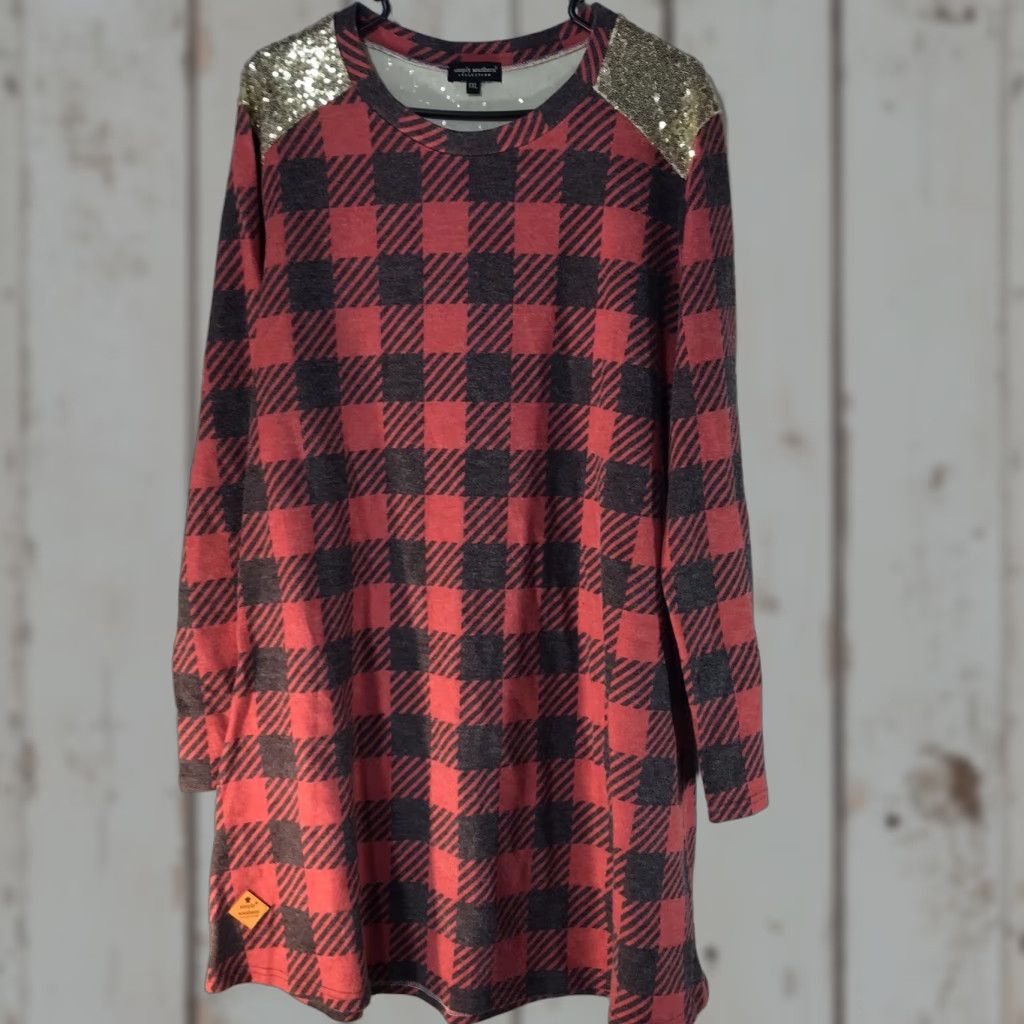 Vintage Simply Southern Red/Gray Plaid A-Line Dress with Gold Sequins, Womens Plus Size 2X, Long Sleeve, Casual Size XXL / US 16-18 / IT 52-54 - 1 Thumbnail