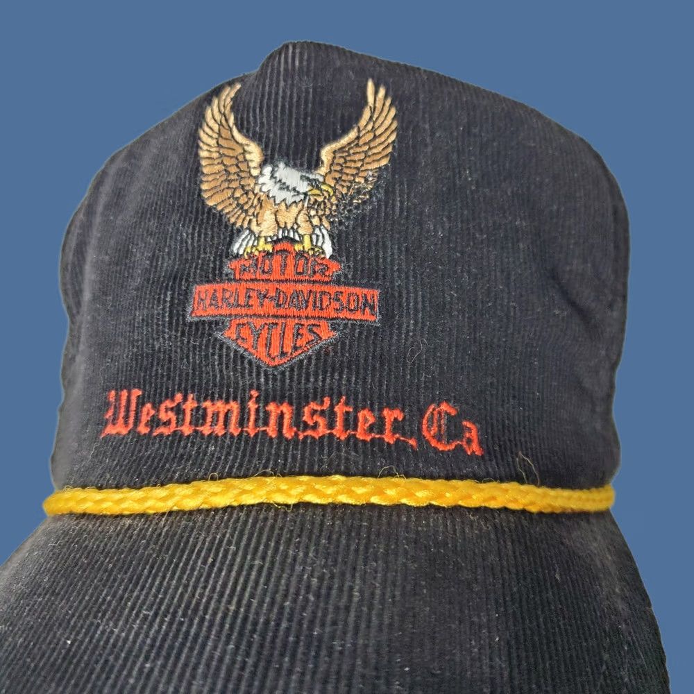 Harley Davidson VINTAGE Harley Davidson Hat Black Corduroy Gold Corded Eagle Embroidered 80s USA Size ONE SIZE - 1 Thumbnail