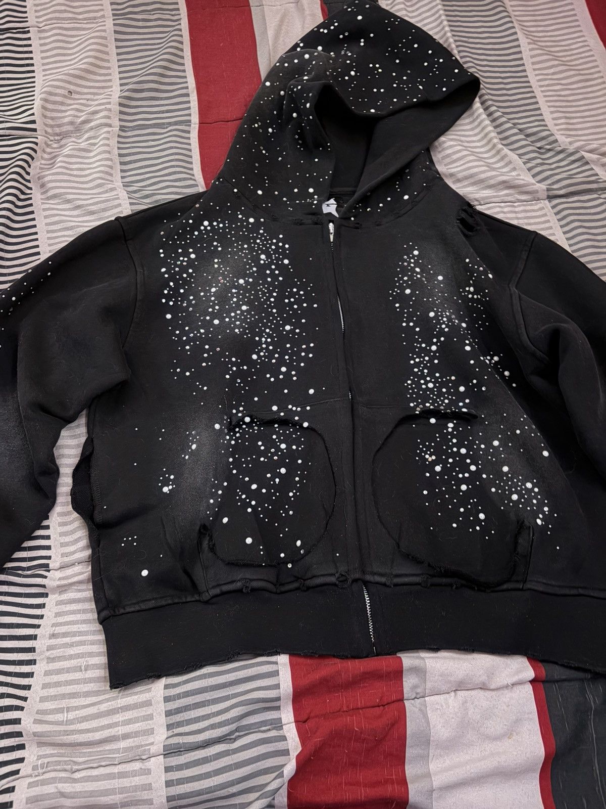 Black zip up distressed rhinestone, and pearls hoodie