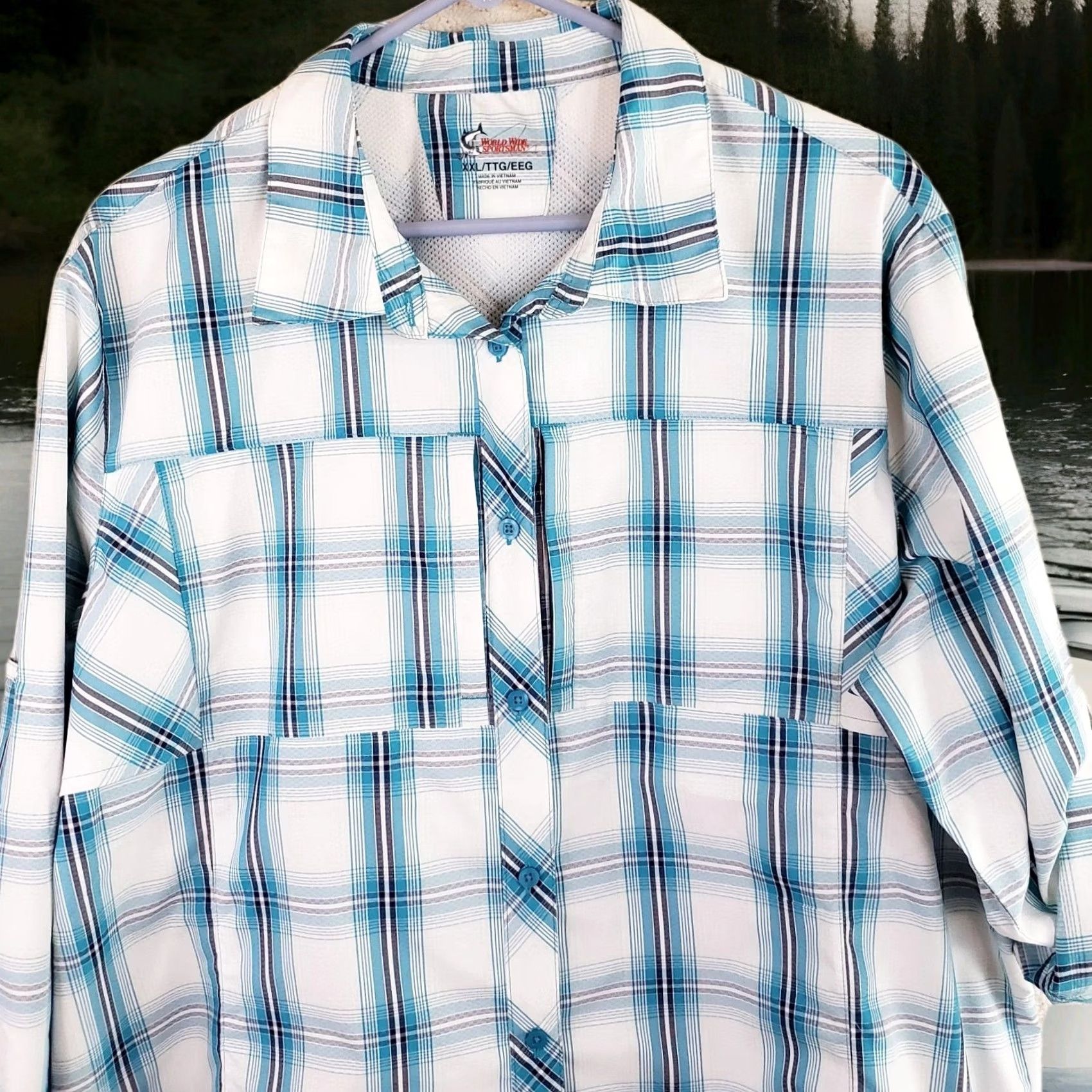 Vintage World Wide Sportsman Shirt Womens XXL Blue Plaid Nylon Roll Tab Sleeve Button-Up Size XXL / US 16-18 / IT 52-54 - 2 Thumbnail