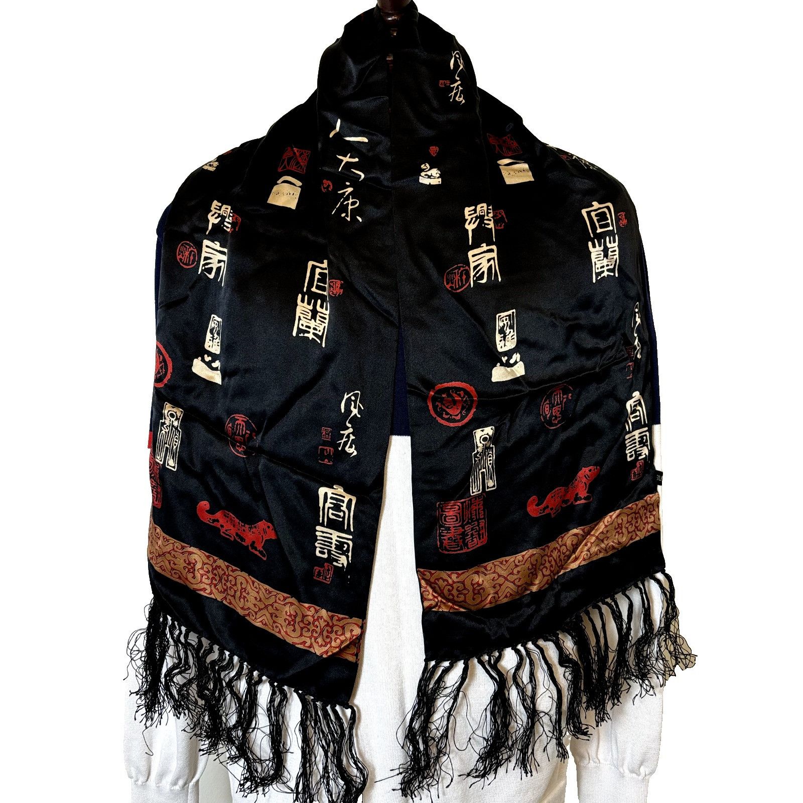 Other Pure Silk Black Scarf Wrap Shawl 10.5" x 49" with Fringe VTG Size ONE SIZE - 1 Thumbnail