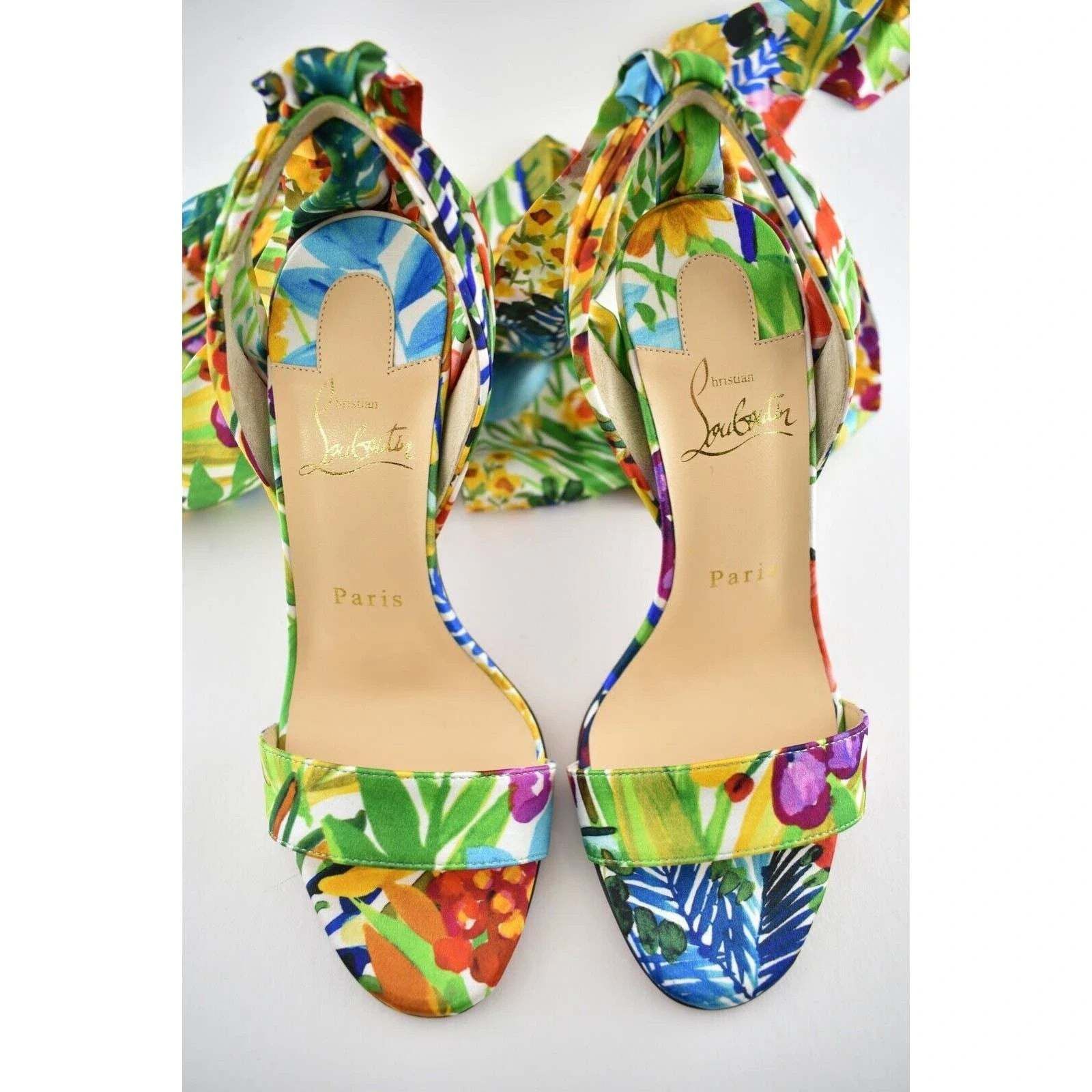 Christian Louboutin Crosse Du Desert 100 Floral Lace Up Tie Sandal Heel Pump 36 Size US 6 / IT 36 - 8 Thumbnail