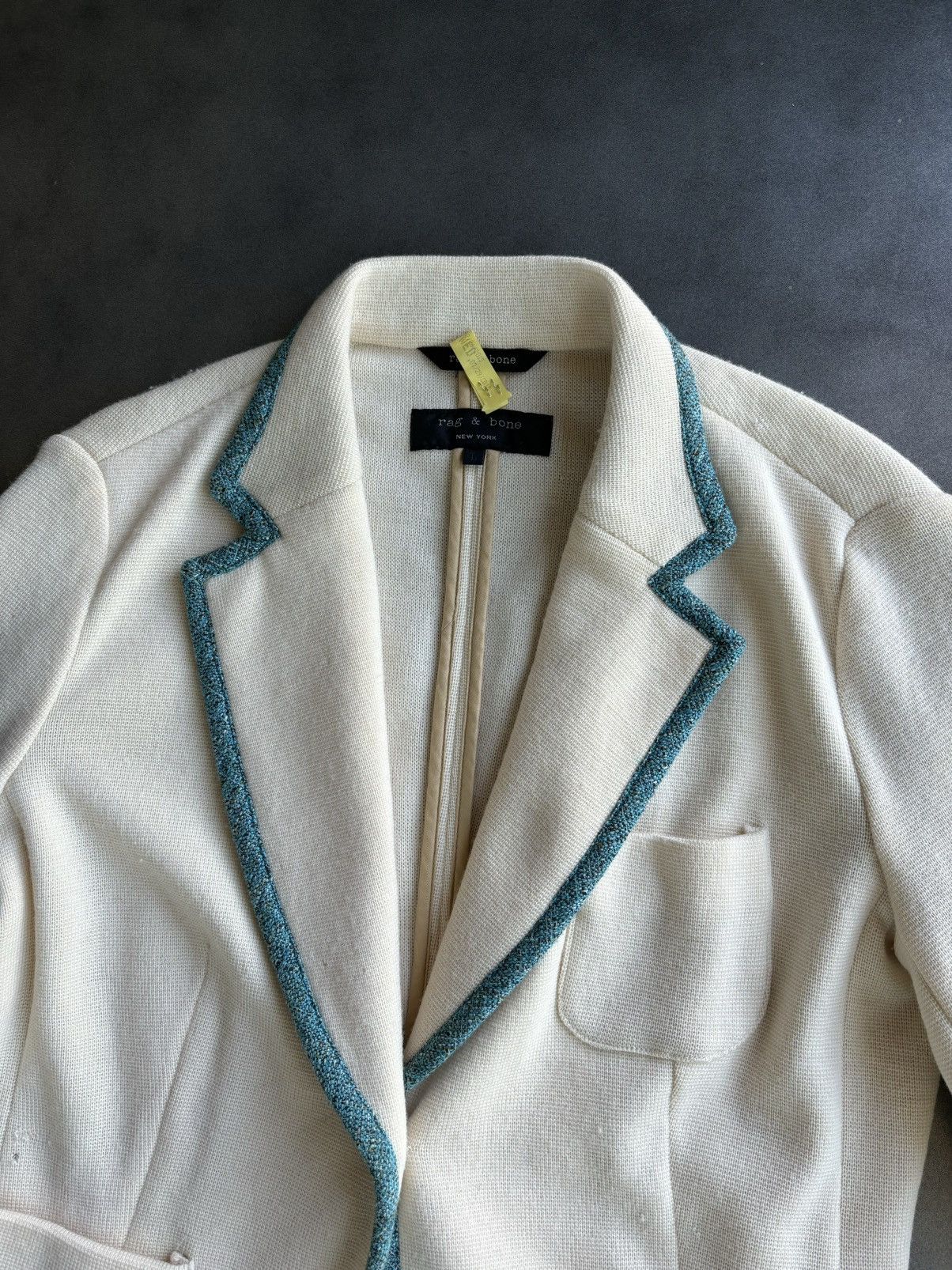 Designer × Rag & Bone Rag & Bone Blazer Womens Cream Merino Wool Teal Trim Prep Size L / US 10 / IT 46 - 5 Thumbnail