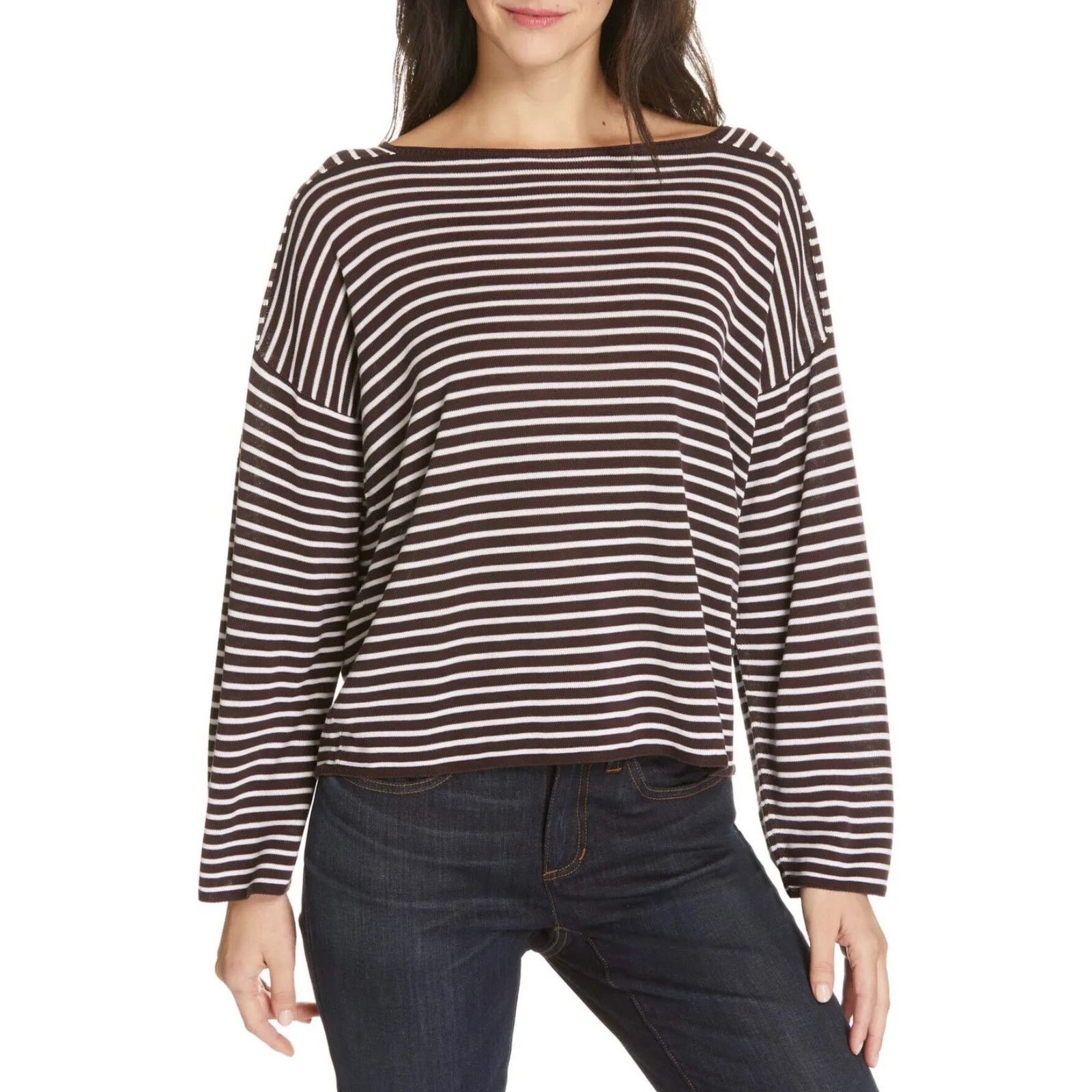 Eileen Fisher Eileen Fisher Bateau-Neck Brown White Stripe Sweater Sz M Size M / US 6-8 / IT 42-44 - 1 Thumbnail