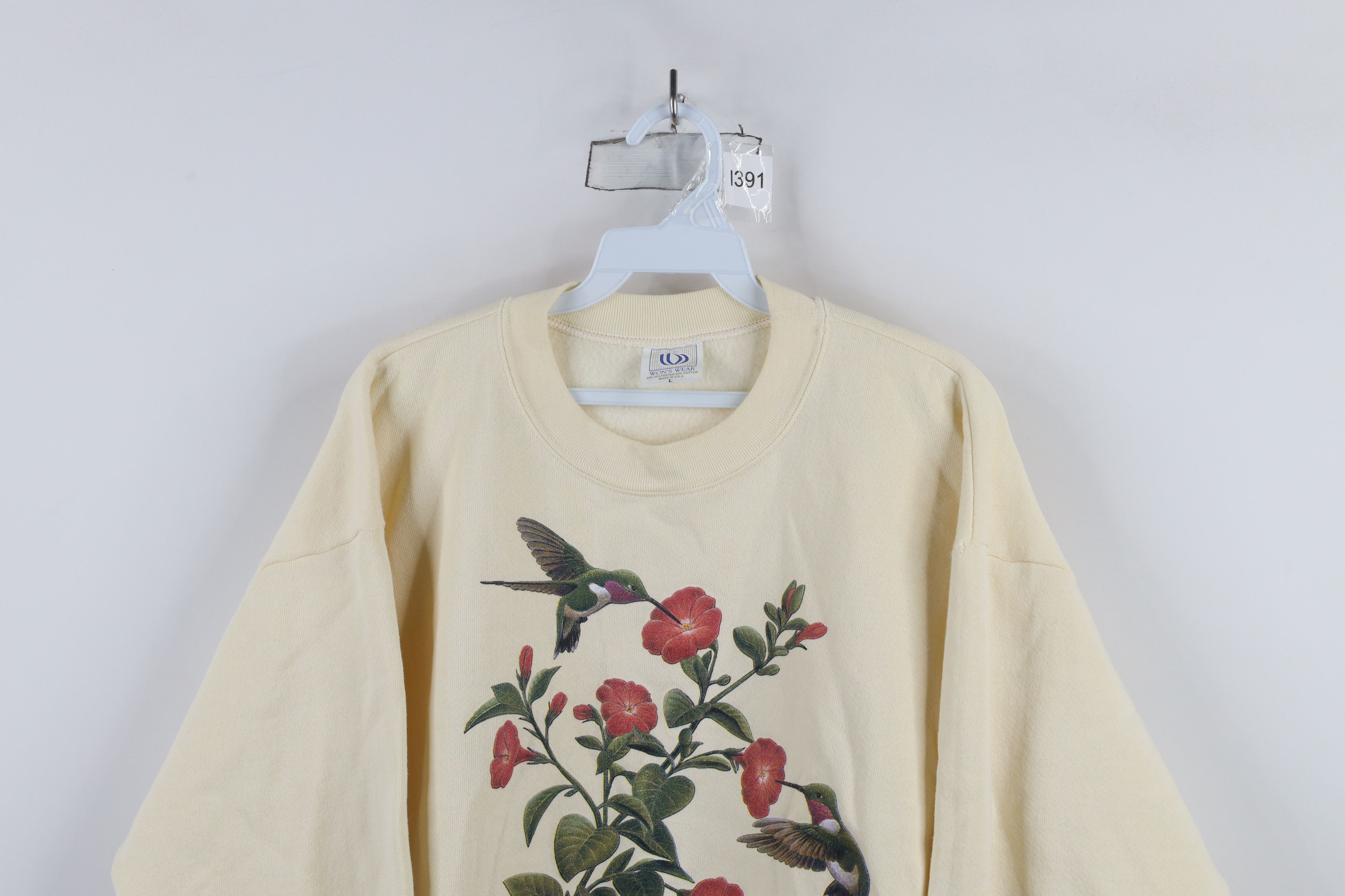 Vintage Vintage 90s Streetwear Hummingbird Sweatshirt Cream USA Size L / US 10 / IT 46 - 2 Thumbnail