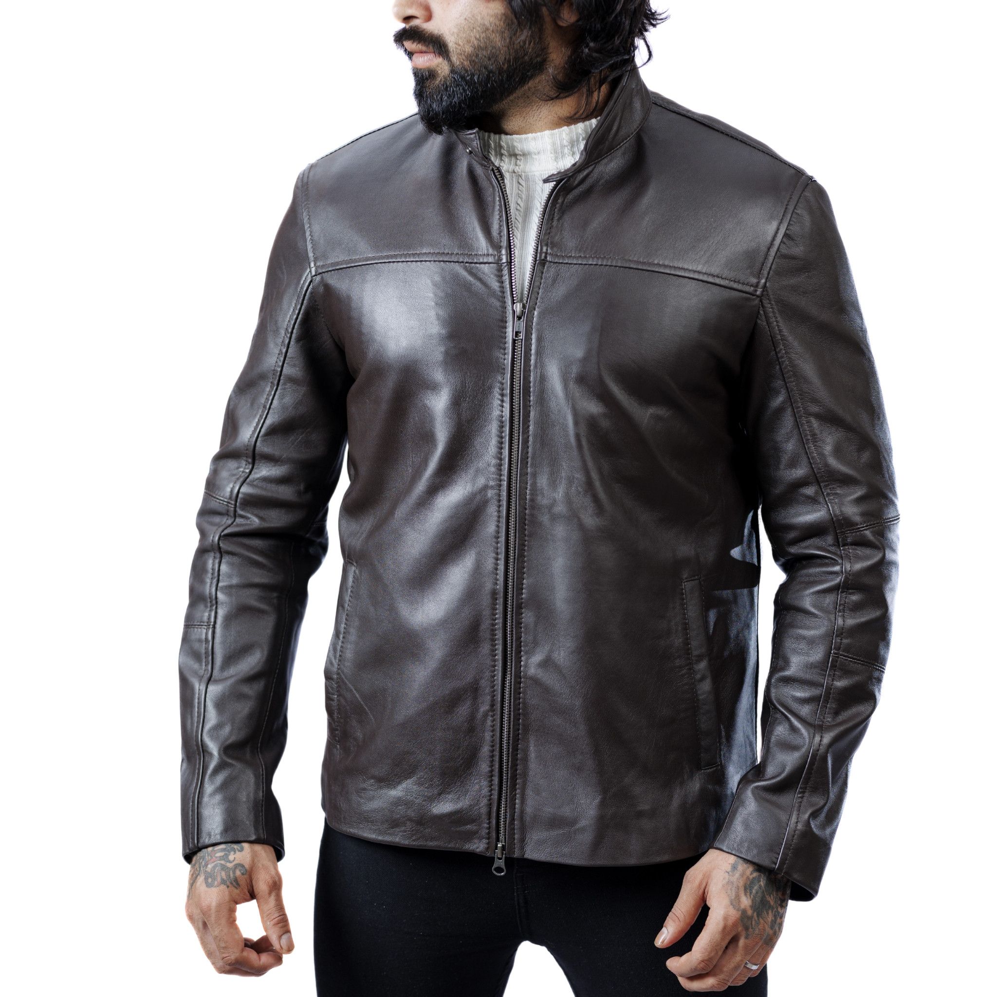 Handmade Handmade Genuine Sheepskin Cafe Racer - Brown - Medium Size US L / EU 52-54 / 3 - 2 Thumbnail