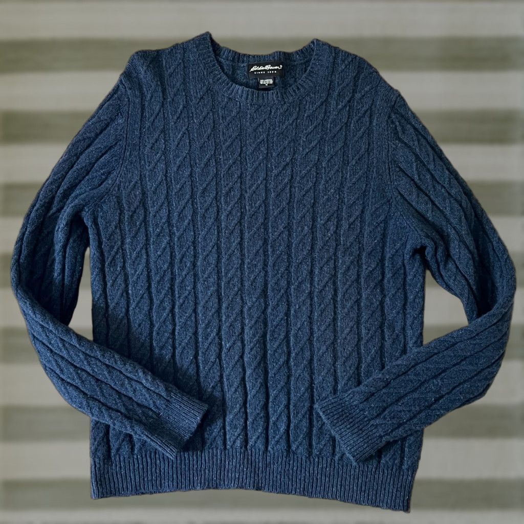 Eddie Bauer 100% Lambswool Crew Neck Sweater Men Medium Blue Knit