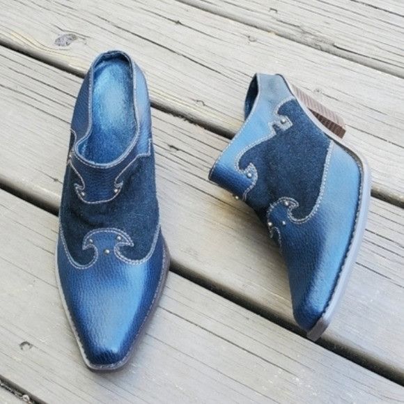 Vintage Vintage 70s Western Boho Blue Leather and Suede Heeled Mules Size US 8 / IT 38 - 1 Thumbnail