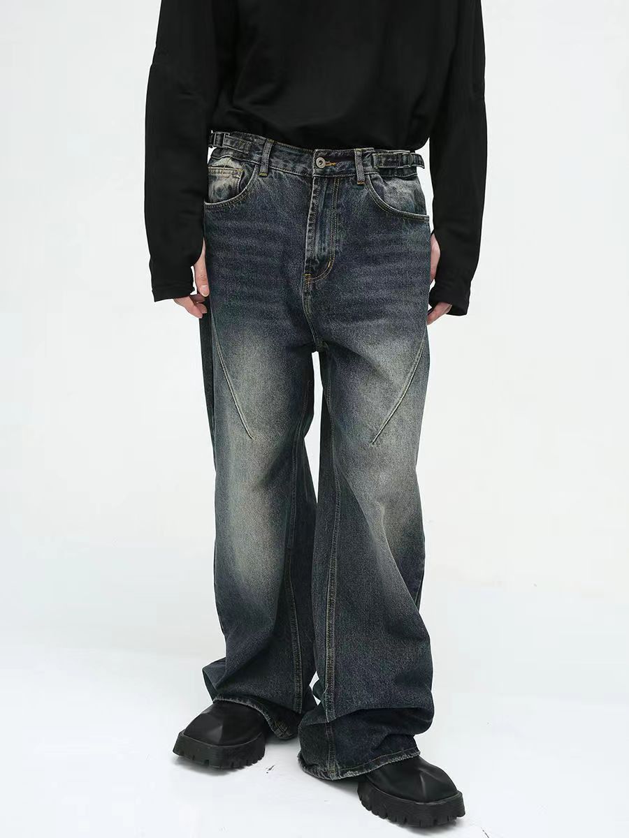 Retro dark blue washed distressed straight-leg jeans